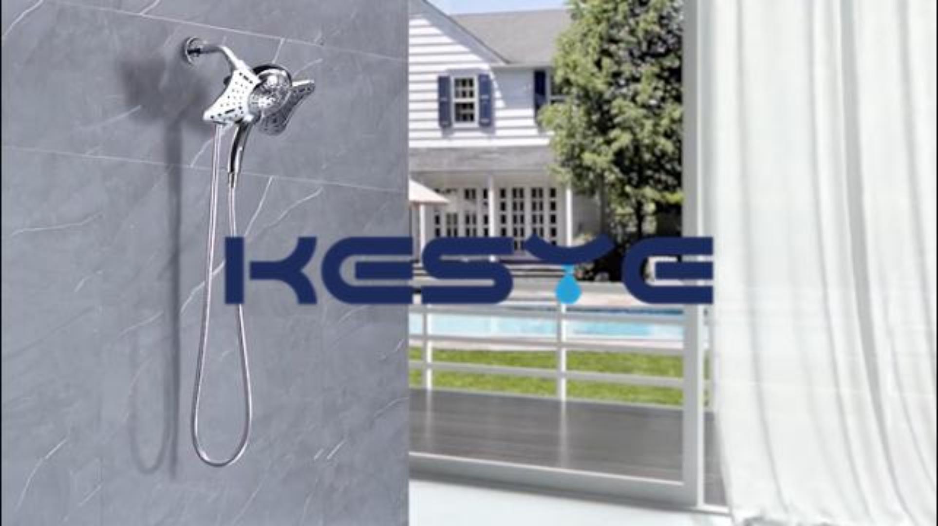 thumbnail video image 2 of KESTE Shower Head with Handheld Combo: High Pressure 2 in 1 Waterfall Shower Heads with Detachable Handheld Shower Head, 9 Mode Adjustable, Dual Showerhead with Anti-Clog Nozzles and Hose, Nickel, 2 of 7