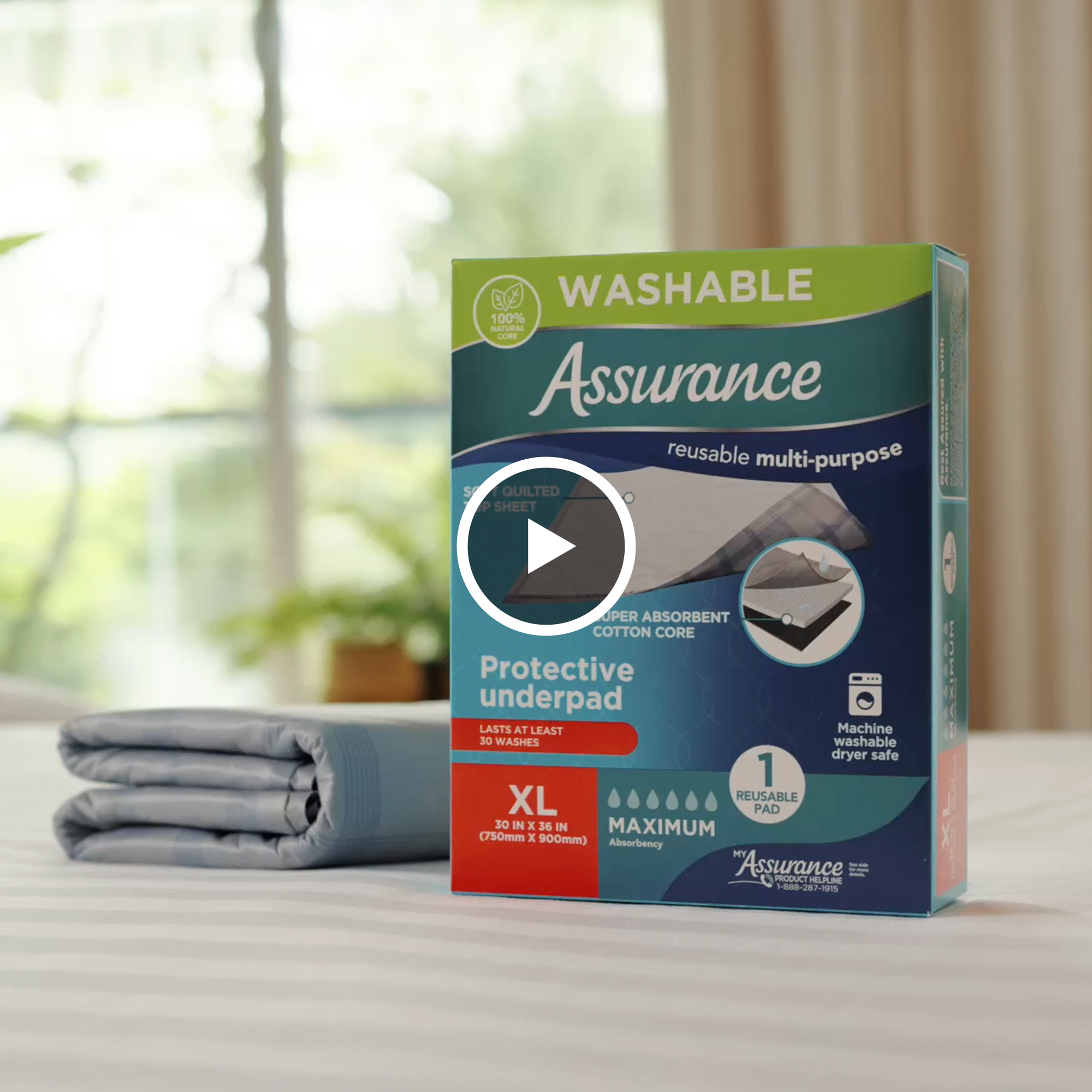 thumbnail video image 2 of Assurance Washable Protective Underpad XL, 2 of 9