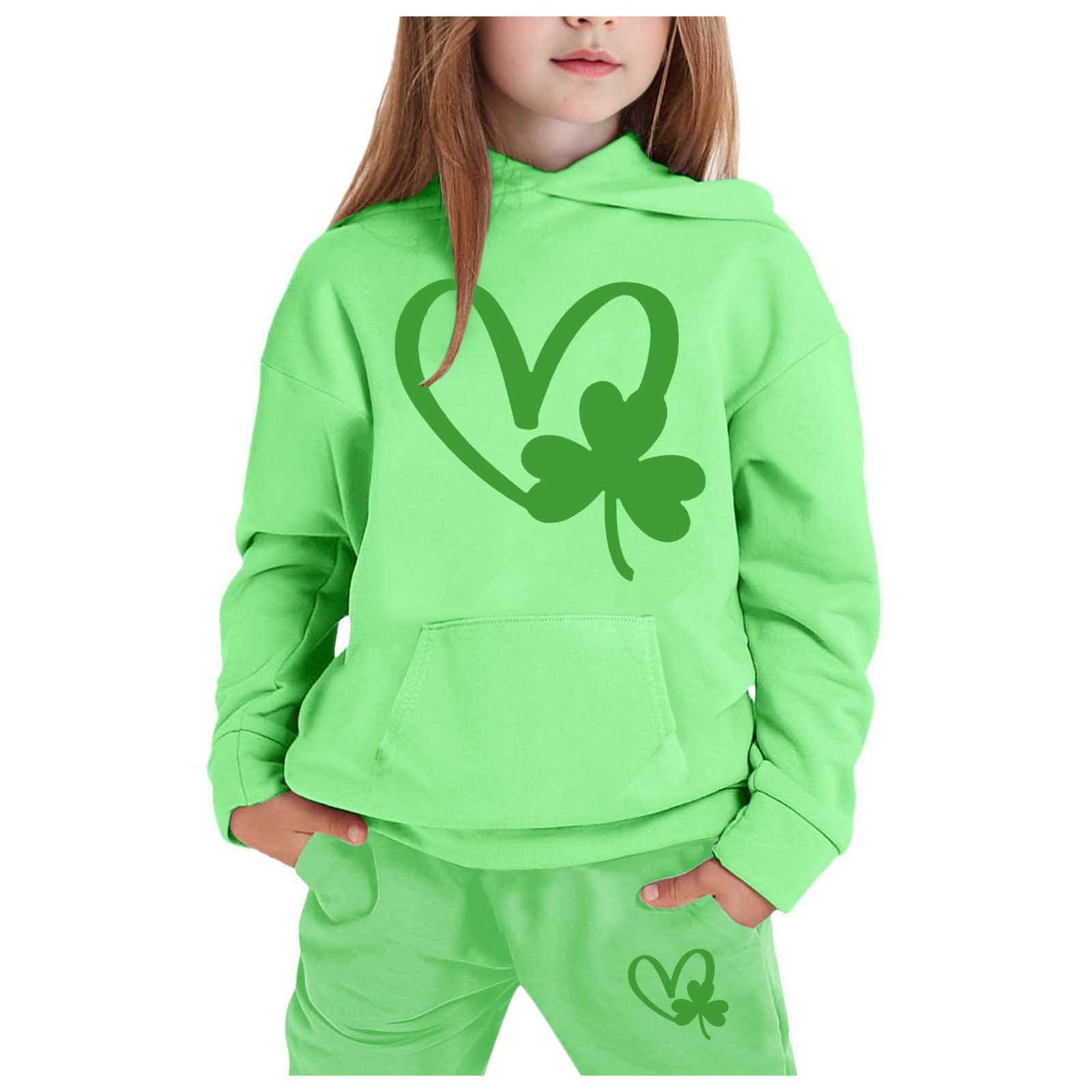 thumbnail video image 2 of CHENge Spring Outfit Floral Pant Children's Long Sleeved St. Patrick's Day Printed Hoodie Top Hoodie Pant Set Medium Girl Clothes, 2 of 6
