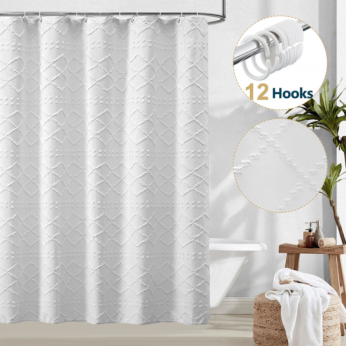thumbnail video image 2 of Dznils White Tassel Shower Curtain with Hooks, Boho Tufted Textured Fabric Bathroom Curtain, 72 x 72, 2 of 10