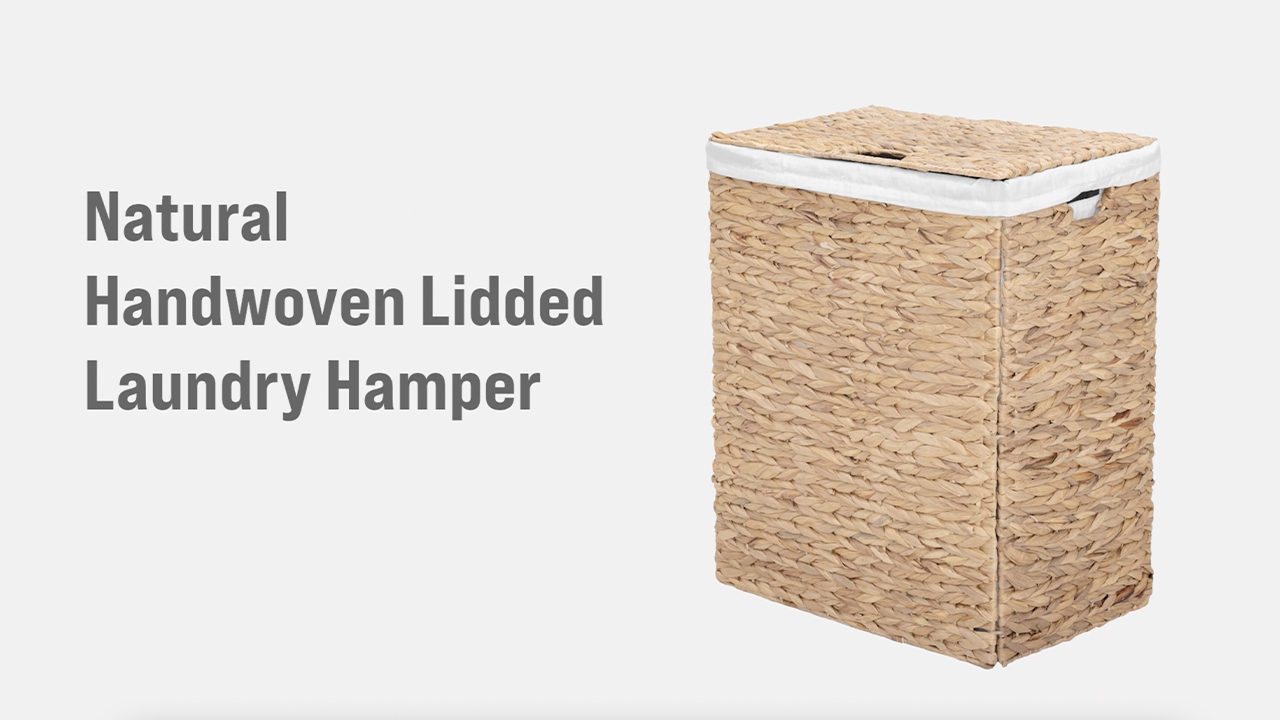 thumbnail video image 2 of Seville Classics Premium Handwoven Portable Laundry Bin Basket with Carrying Handles, Household Storage for Clothes, Linens, Sheets, Toys, Water Hyacinth, Rectangular Hamper, 2 of 9