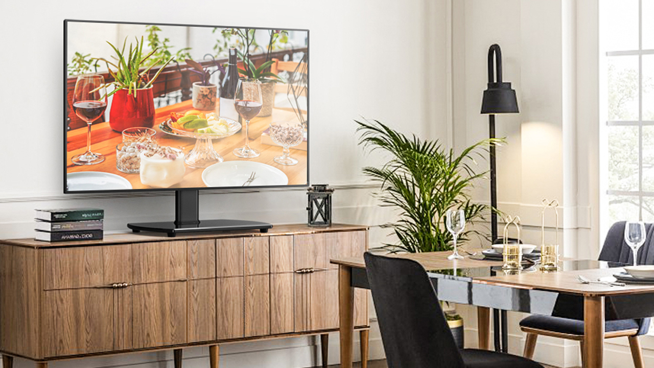 thumbnail video image 2 of RTVR Swivel Table Top TV Mount Stand for 27 to 60 inch Flat Curved Screen TVs, Table Stand with Tempered Glass Base, 2 of 10