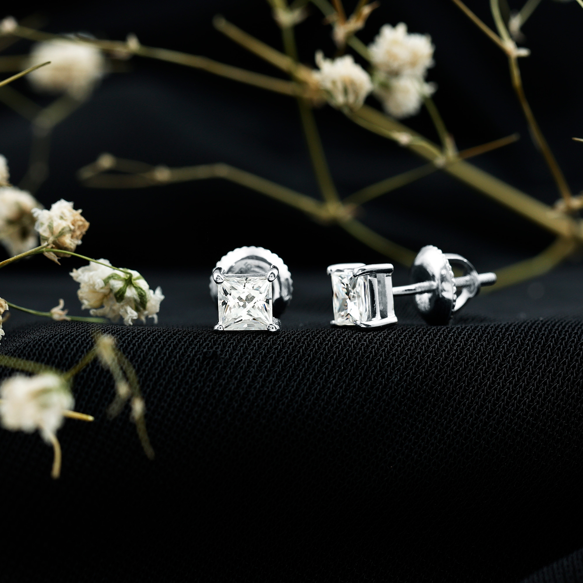 thumbnail video image 2 of Rosec Jewels Lab Grown Diamond Studs 1 Ct - EF-VS Grade 4 mm Princess Cut Earrings with Screw Back, 925 Sterling Silver, 2 of 9