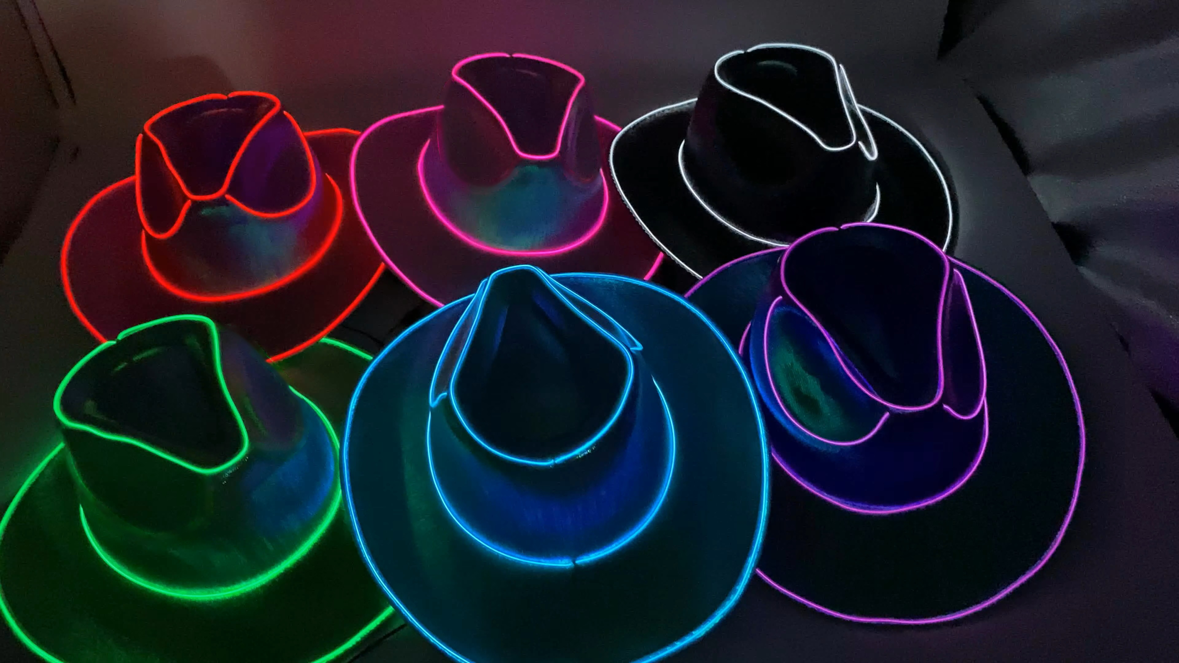 thumbnail video image 2 of EL Wire Light Up Cowboy Hat Disco Cowgirl Hat Holographic Space for Raves, Dance Party By PartyGlowz, 2 of 7