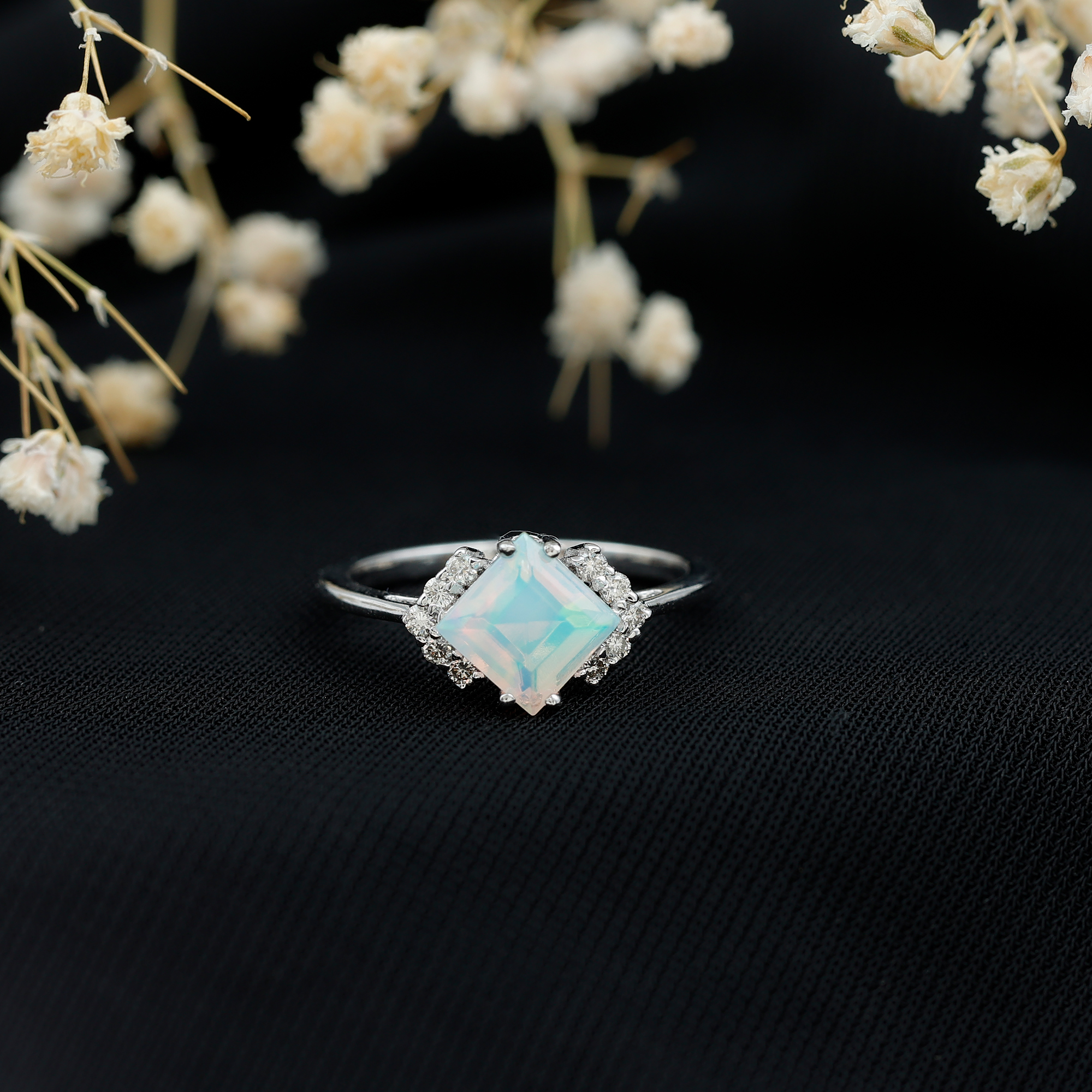 thumbnail video image 2 of Rosec Jewels Natural Ethiopian Opal Engagement Ring for Women - Princess Cut Opal Diamond Ring - AAA Quality - with Jewelry Box, 925 Sterling Silver, US 4.00, 2 of 9