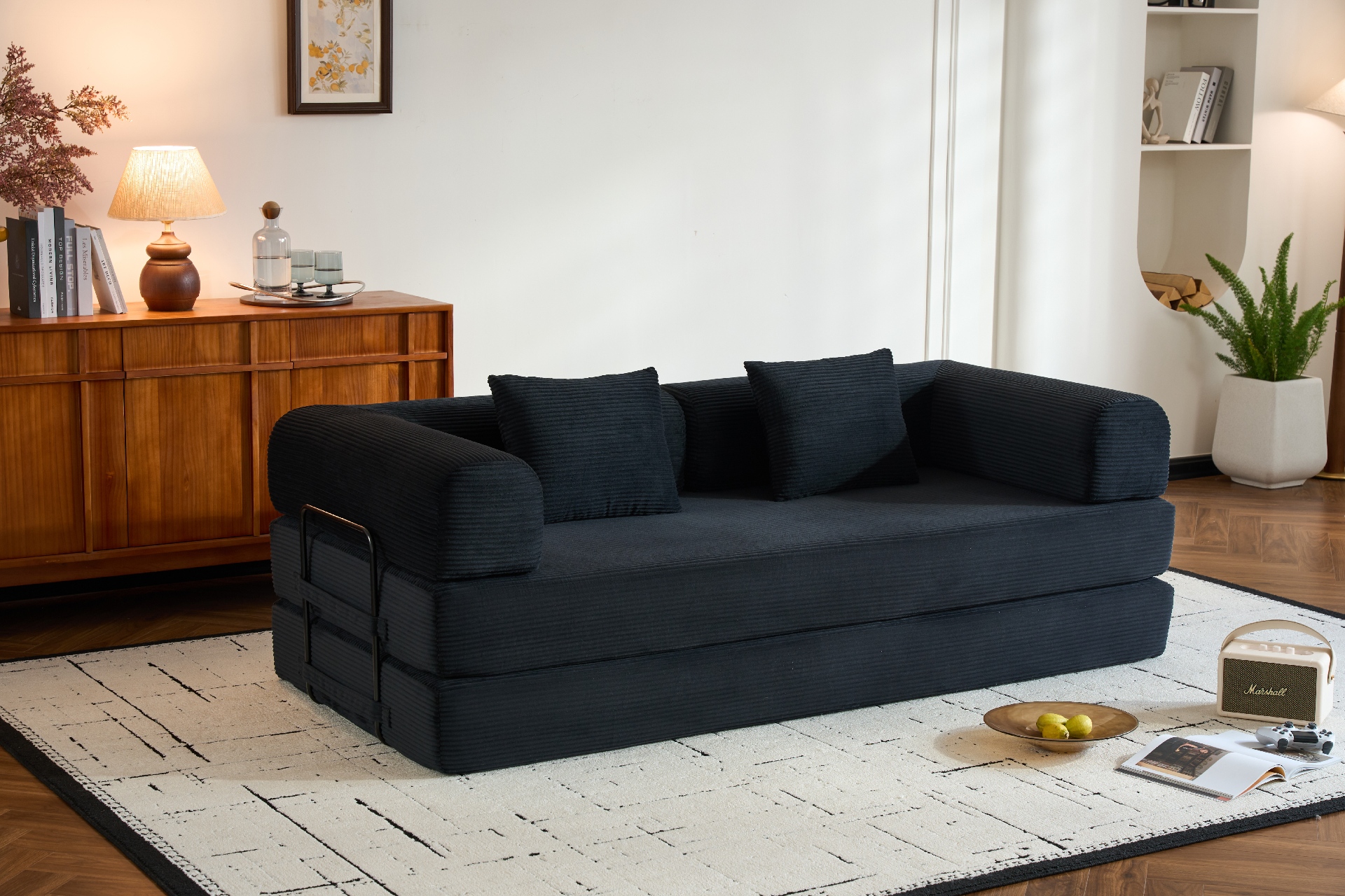 thumbnail video image 2 of Kosynda Convertible Sleeper Sofa Bed with Cylindrical Pillow, Corduroy Folding Mattress Couch with Fixed-Shape Frame for Living Room Lounge, Beige, 2 of 7