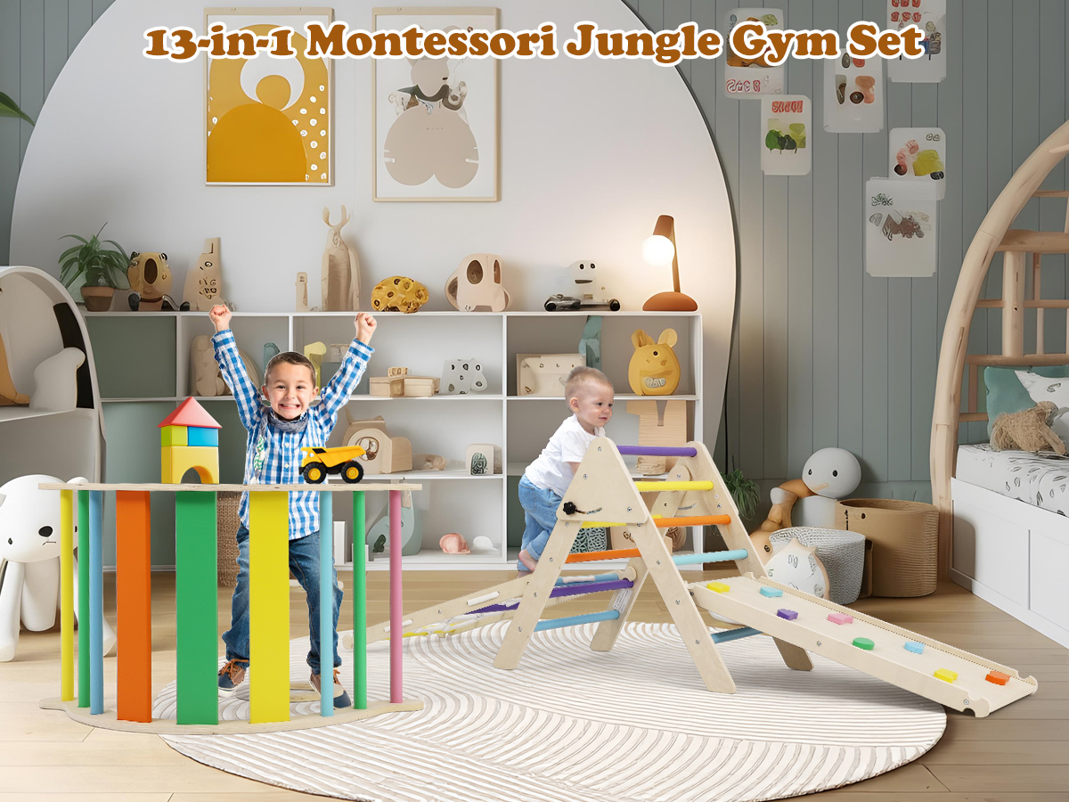 thumbnail video image 2 of Coumy 13-in-1 Wooden Pikler Triangle Set, Pikler Climbing Set, Foldable Ladder with with Large Cushion, Ramp, Arch, Table and Stools, Montessori Climber for Toddlers 12m-3yrs, 2 of 9