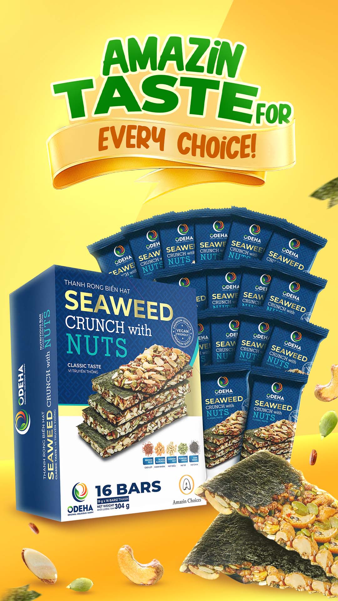 thumbnail video image 2 of Amazin Choices Seaweed Crunch with Nuts, Classic Taste, Seaweed Sandwich, Seaweed Snack 16-pack ( Paper Box ), 2 of 6