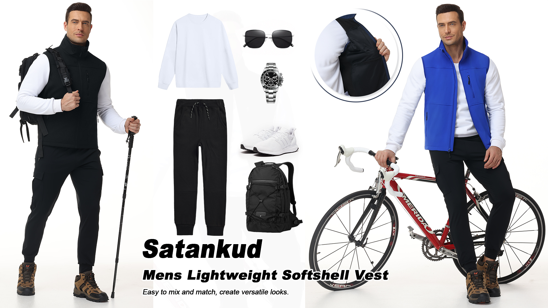 thumbnail video image 2 of Satankud Mens Lightweight Softshell Vest Windproof Sleeveless Outerwear Zip Up Jacket Fleece Lined Waterproof Vest Outerwear for Running Hiking Travel Blue-S, 2 of 10