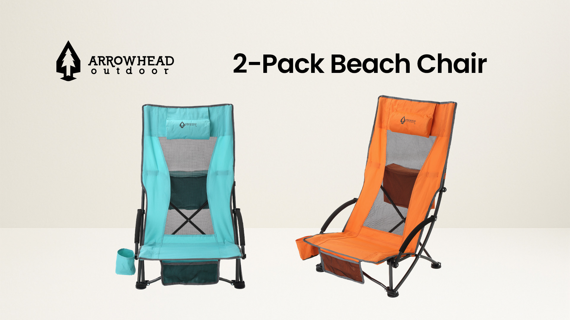 thumbnail video image 2 of ARROWHEAD OUTDOOR 2-Pack Low Seating + 20° Reclining Folding Beach Chair w/ Padded Headrest, Foam Armrest, Cup Holder, Carry Bag, 300 LBS Weight Capacity, 2 of 10