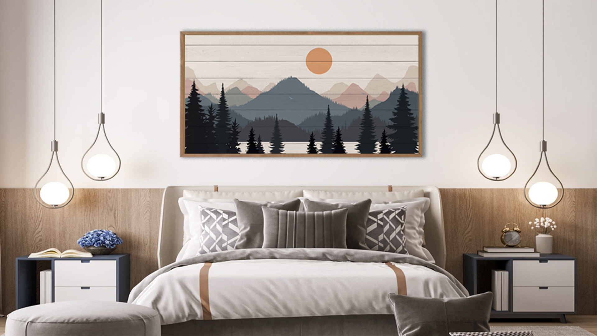 thumbnail video image 2 of HPNIUB Boho Mountain Framed Canvas Wall Art Tree Forest Misty Woodland Painting Nature Sunrise Landscape Decor for Living Room Bedroom Office 20x40 Inch, 2 of 9