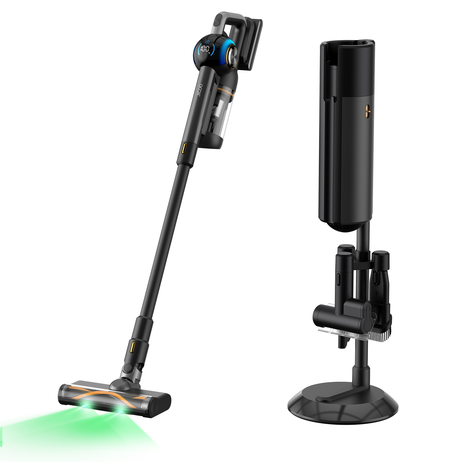 thumbnail video image 2 of JIGOO V700 Station Cordless Stick Vacuum Cleaner with HEPA Auto-Empty System,33KPa, 55min Runtime, Anti-Tangle, Lightweight Upright Vacuum with LED Illumination for Home Hard Floor, Carpet & Pet Hair, 2 of 17