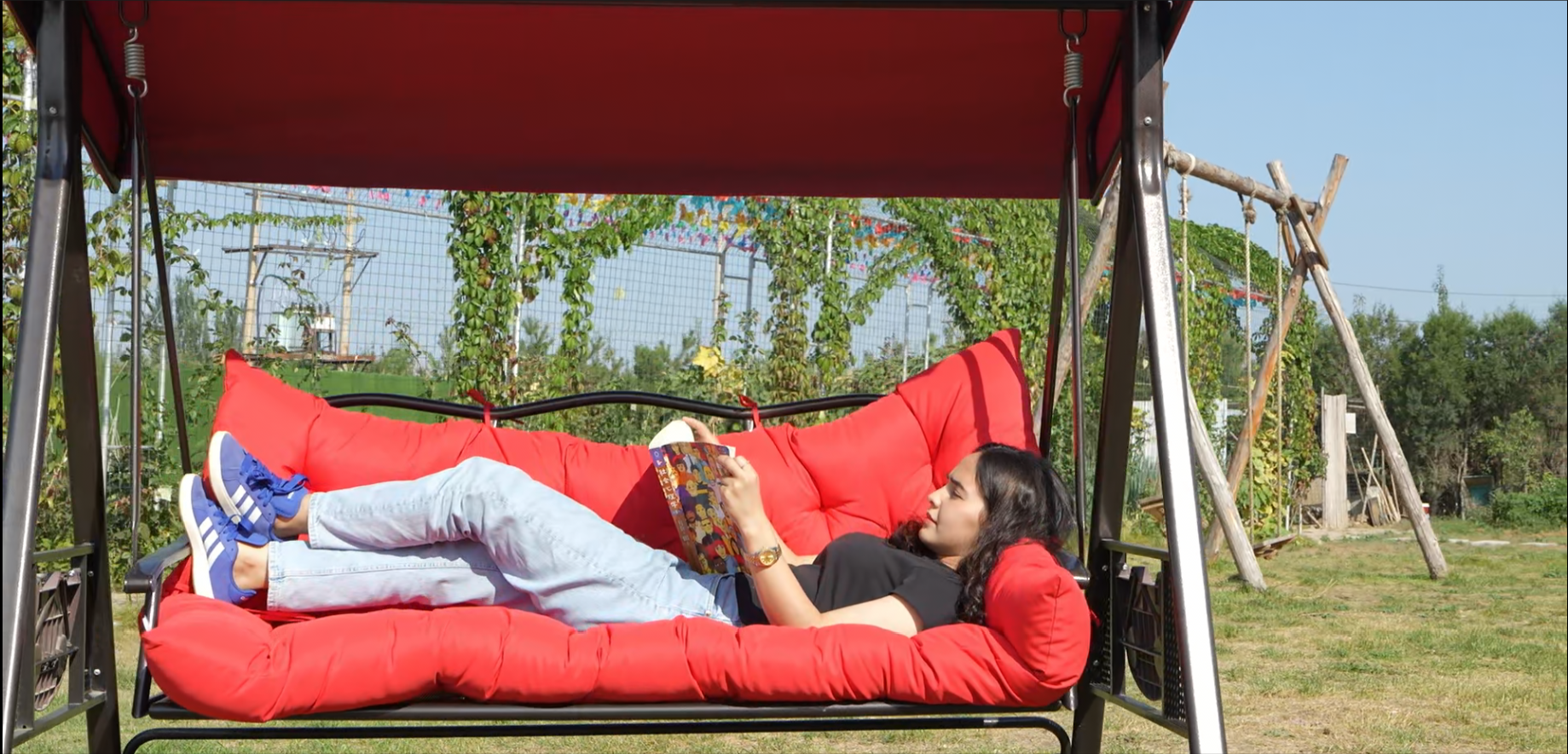 thumbnail video image 2 of Outdoor Cushions for Patio Furniture, 4" Thick Waterproof Porch Swing Cushions Replacement with Backrest, 2-3 Seater Bench Cushion（Green flower,40*47in）, 2 of 7