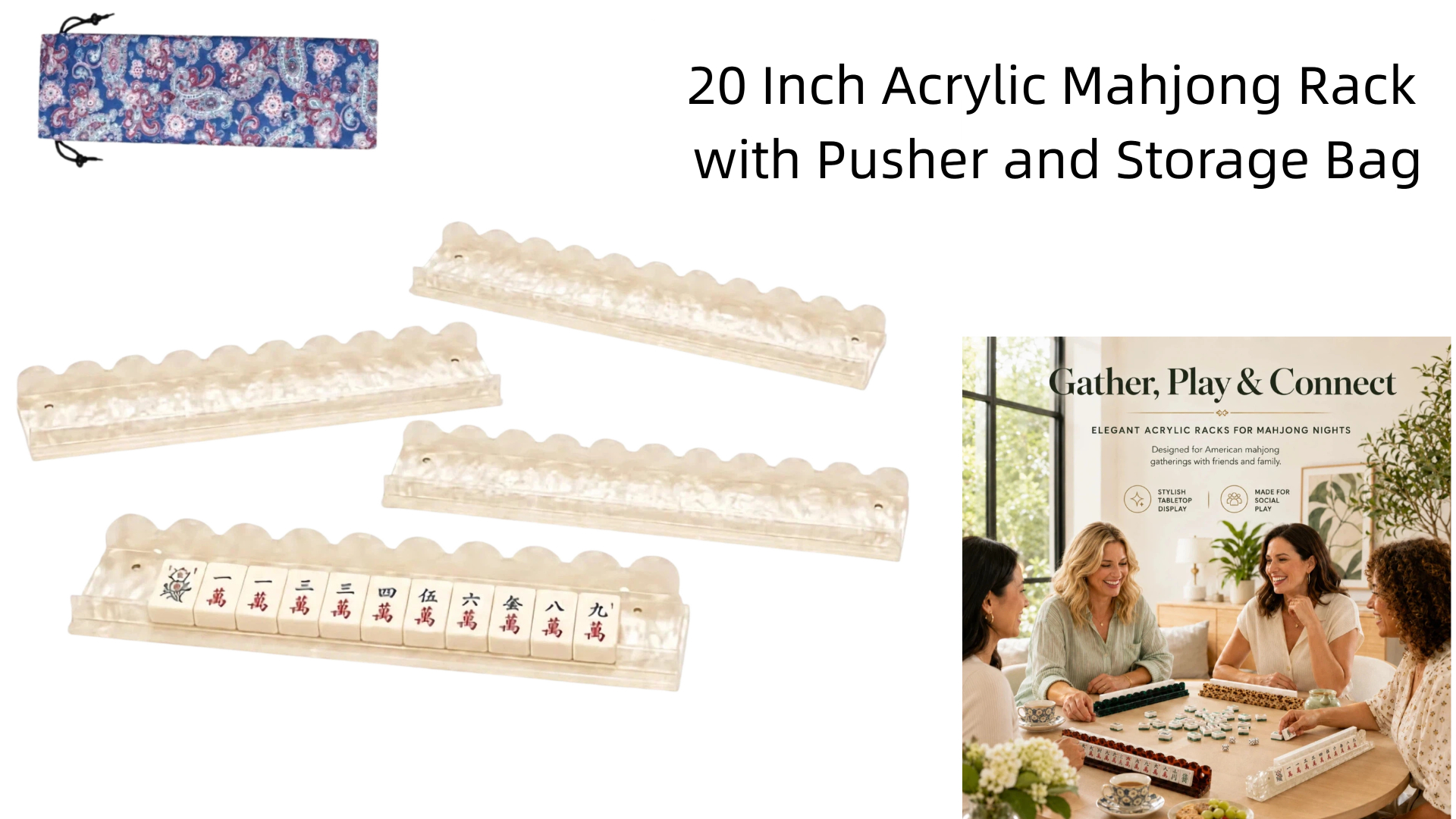 thumbnail video image 2 of 20 Inch Acrylic Mahjong Racks with Pushers and Storage Bag, Scalloped Mahjong Tile Holders with Detachable Magnetic Pushers for American Mah Jongg(4Pcs), 2 of 7