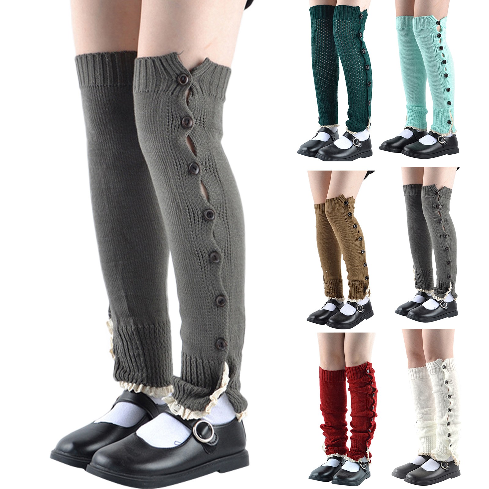 thumbnail video image 2 of GZWYHT Crew Socks,Knee High Stockings Women Winter Warm Crochet Knitted Boot Cuff Socks Knee Length Leg Warmers Extra Long Thigh High Buttons Leg Warmers Pile Socks Dress Socks,Slouch Socks Green, 2 of 9