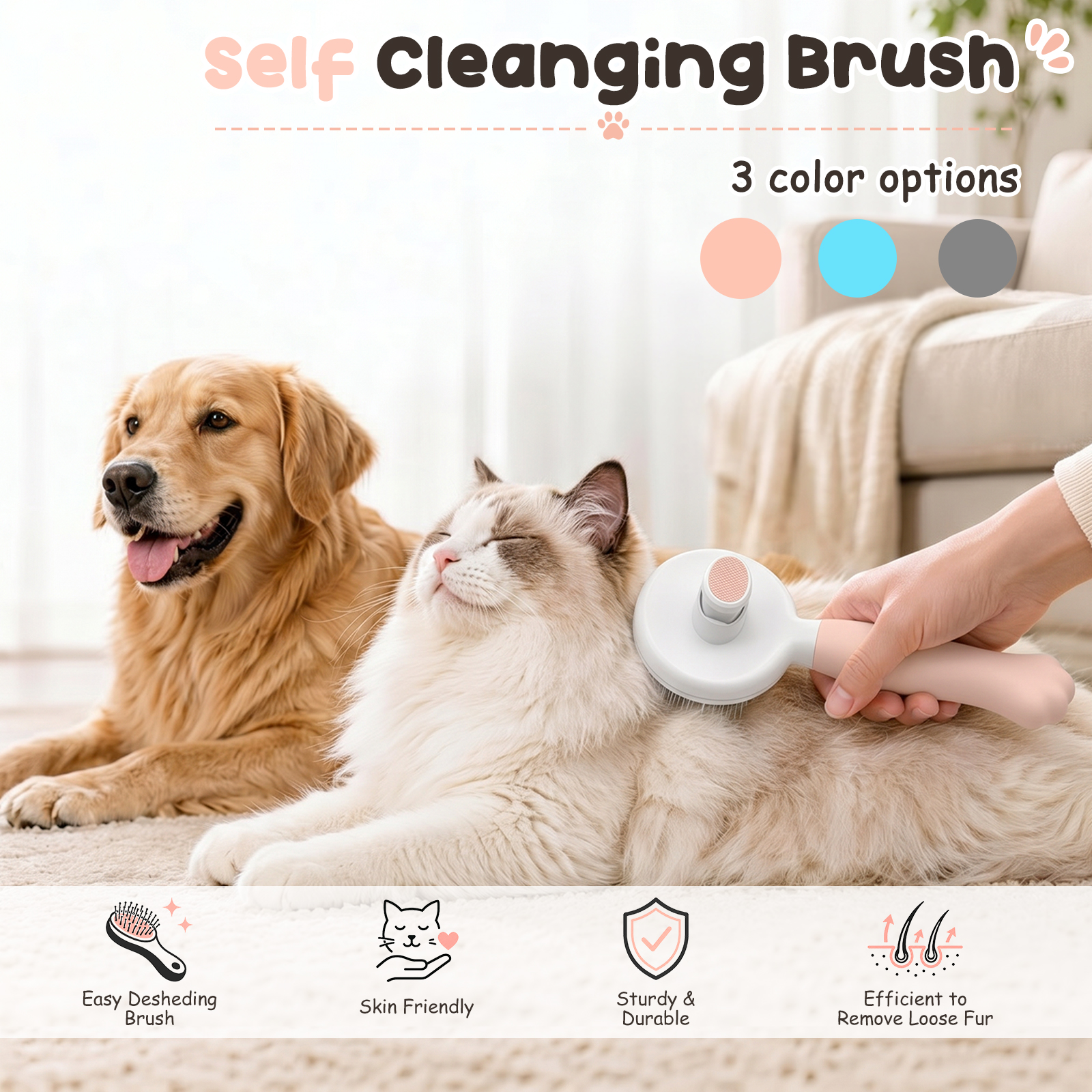 thumbnail video image 2 of Euqvunn Cat & Dog Grooming Brush – Self-Cleaning Slicker Brush for Shedding, Removes Loose Fur & Tangles, Gentle & Skin-Friendly, Perfect for All Coat Types – Gray, 2 of 13