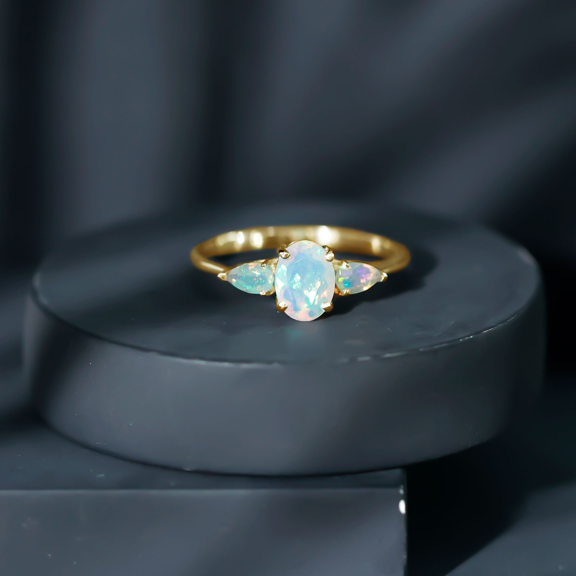 thumbnail video image 2 of Rosec Jewels Oval and Pear Cut Ethiopian Opal Ring, Three Stone Ring - AAA Quality, 14K Yellow Gold, US 10.50, 2 of 9