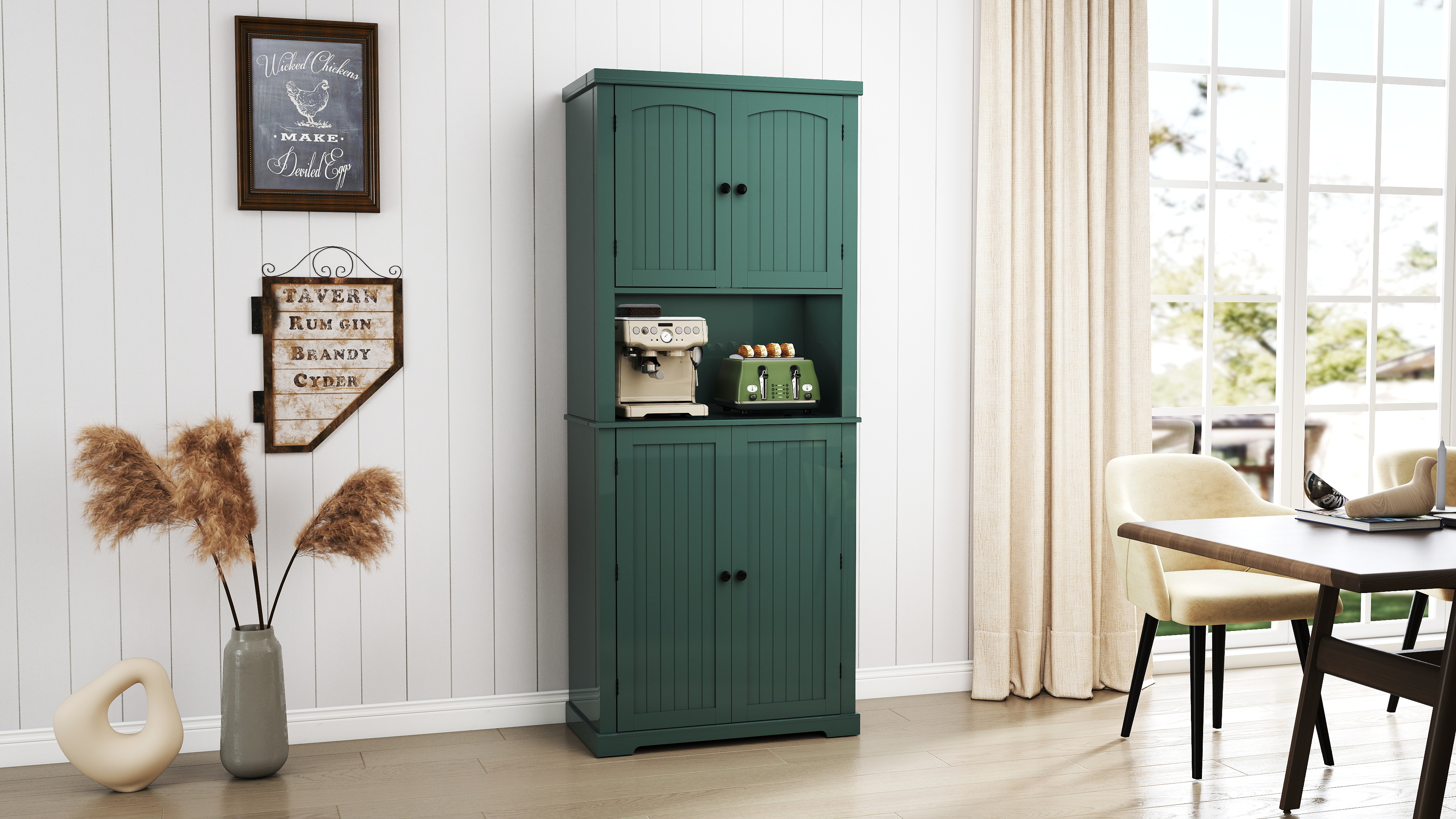 thumbnail video image 2 of HLR 72" Kitchen Pantry Cabinet, Freestanding Pantry Storage Cabinet with Hutch & Shelves, Green, 2 of 9