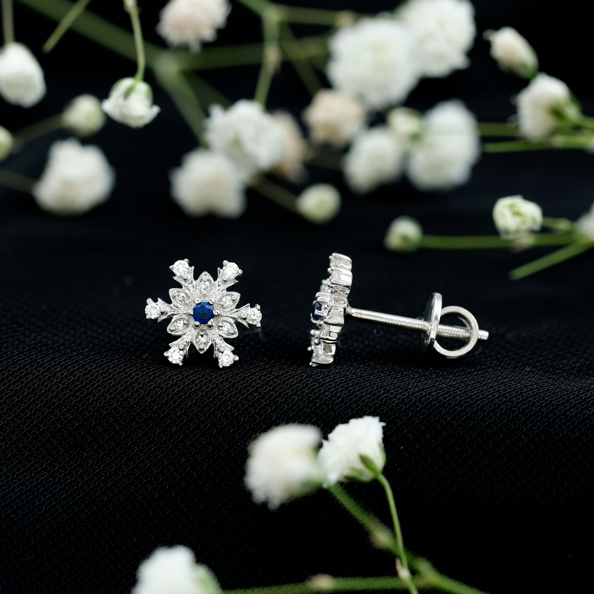 thumbnail video image 2 of Rosec Jewels Lab Grown Blue Sapphire Snowflake Earrings with Moissanite - AAAA Quality Certified - Ready to Gift for Christmas, 14K Yellow Gold, 2 of 7