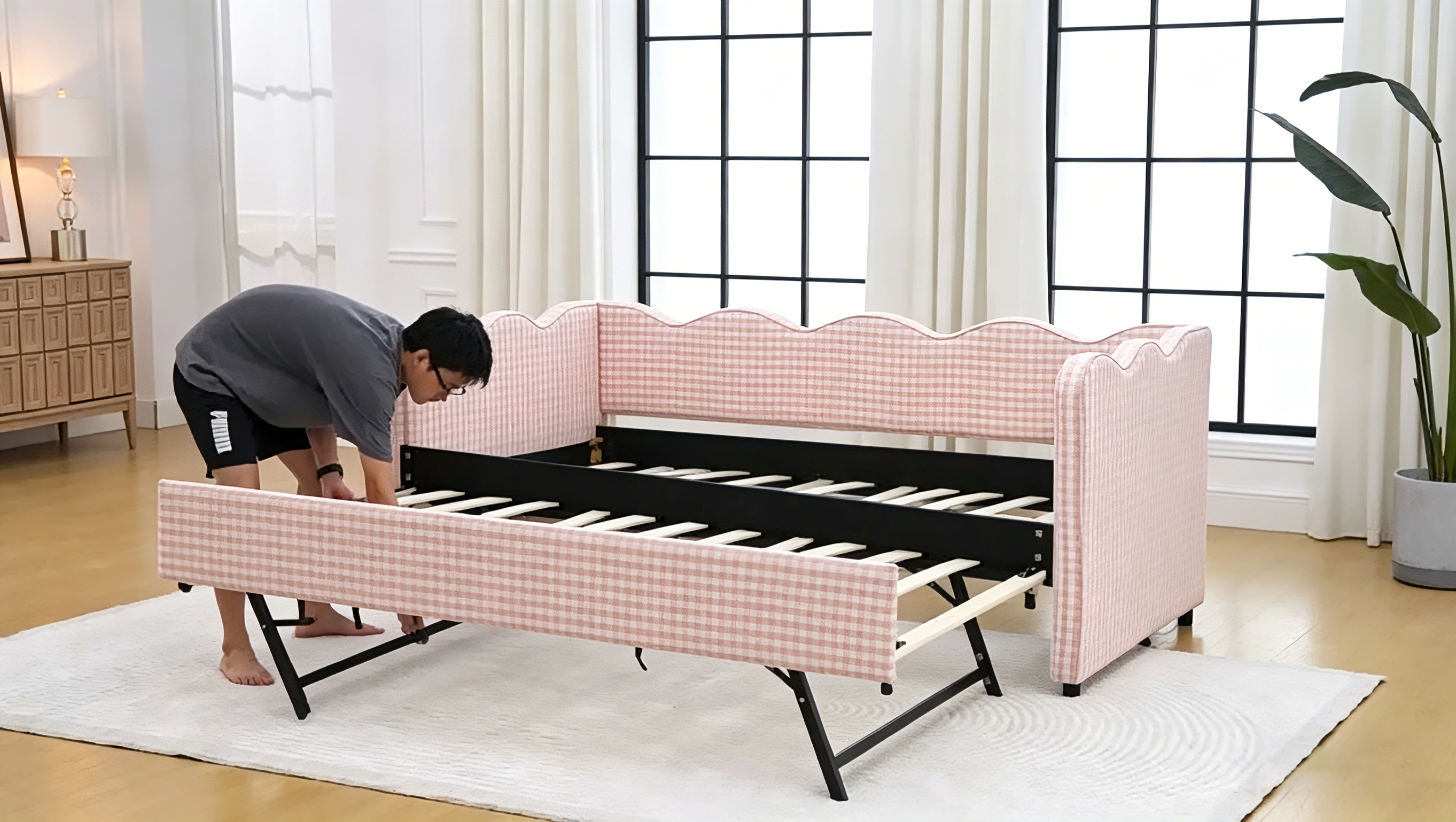 thumbnail video image 2 of Twin Size Gingham Daybed with Trundle, Wave Shaped Sofa Bed with USB Port, No Box Spring Needed, 2 of 10