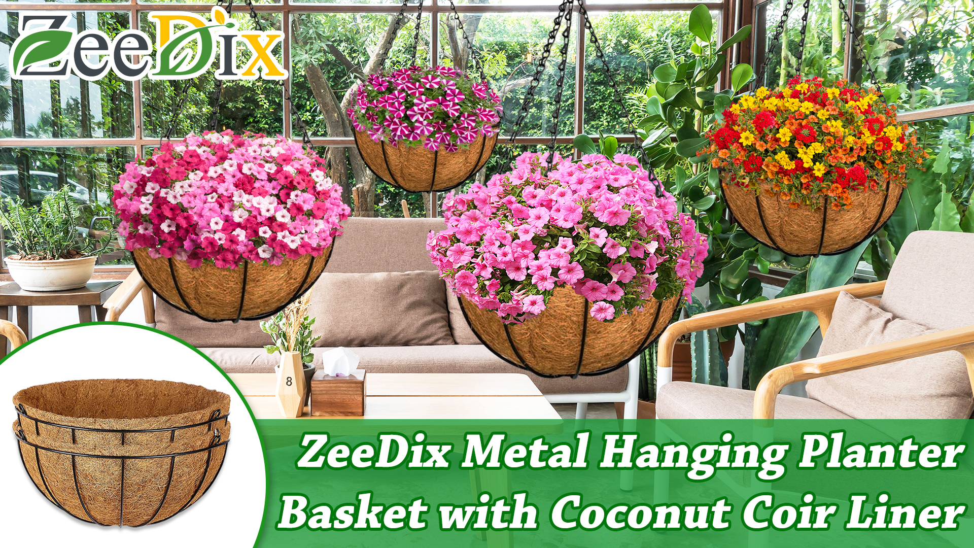 thumbnail video image 2 of ZeeDix 3 Pack 14inch Metal Hanging Planter Basket with 14inch Coconut Coir Liner- Coconut Coir Liner with Black Chain for Porch Pots Hanger, Indoor Outdoor Plant Flower Pot, Garden Decorations, 2 of 8