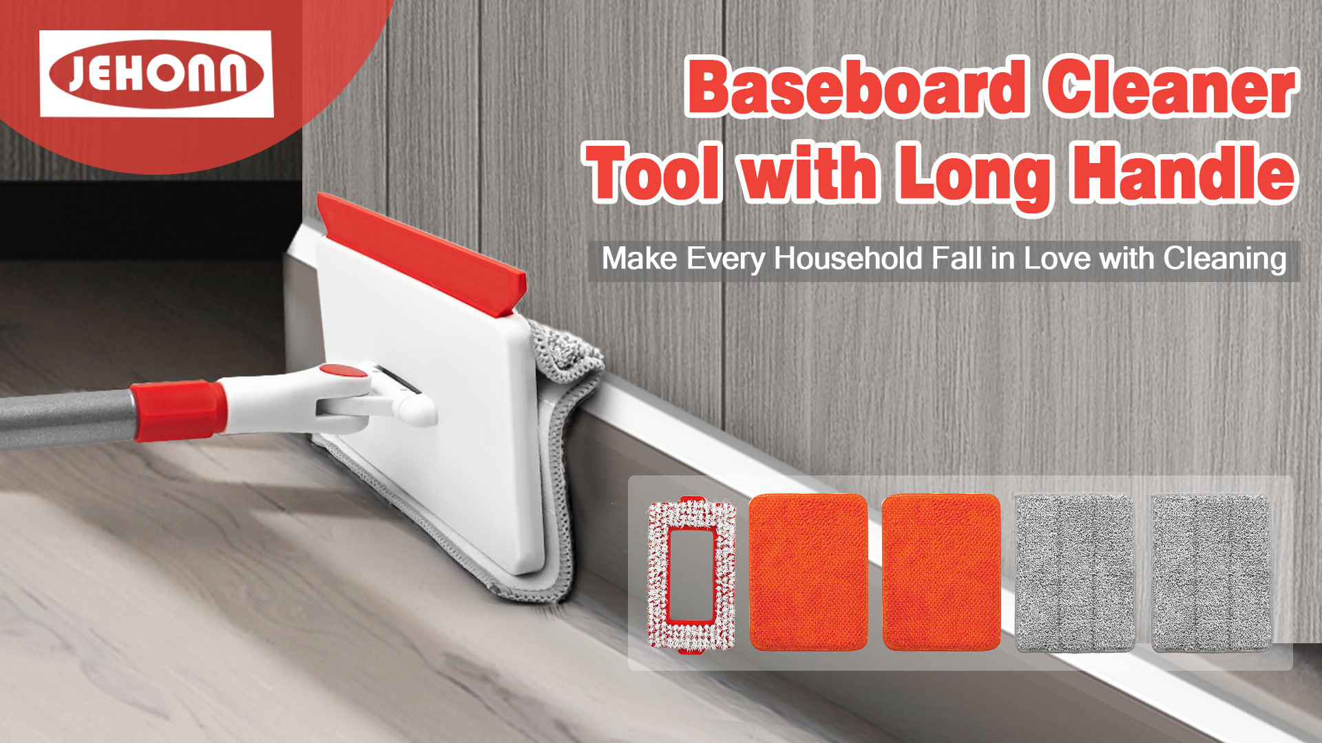 thumbnail video image 2 of JEHONN Wall & Baseboard Cleaner Mop Tool with 4 Reusable Pads Red, 2 of 7