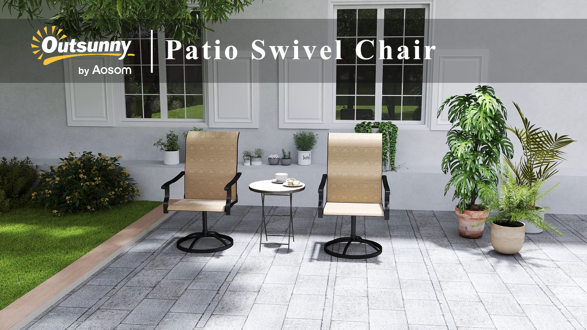 thumbnail video image 2 of Outsunny Patio Swivel Chairs Set of 2, High Back Patio Dining Chairs with All-Weather Mesh Fabric and Metal Frame for Backyard, Porch or Garden, Beige, 2 of 10