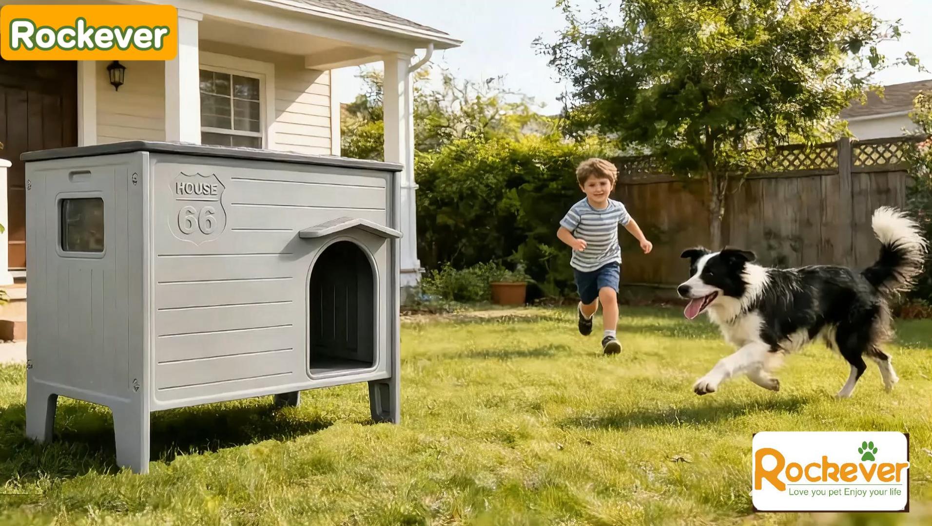 thumbnail video image 2 of Dog House Outdoor Indoor for Small Medium Dogs, Insulated Dog House with Mat, Plastic Elevated Outdoor Dog House Waterproof Dog Kennel with Window, Clean Easily(M & Mat), 2 of 8