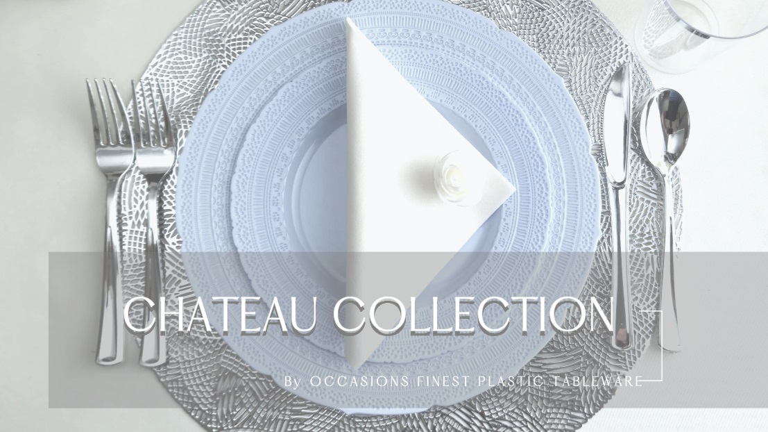 thumbnail video image 2 of " OCCASIONS " 120 Plates Pack,(60 Guests) Extra Heavyweight Vintage Wedding Disposable / Reusable Plastic Plates 60 x 11'' Dinner + 60 x 8.25'' Salad / Dessert Plate (Chateau Blue), 2 of 4