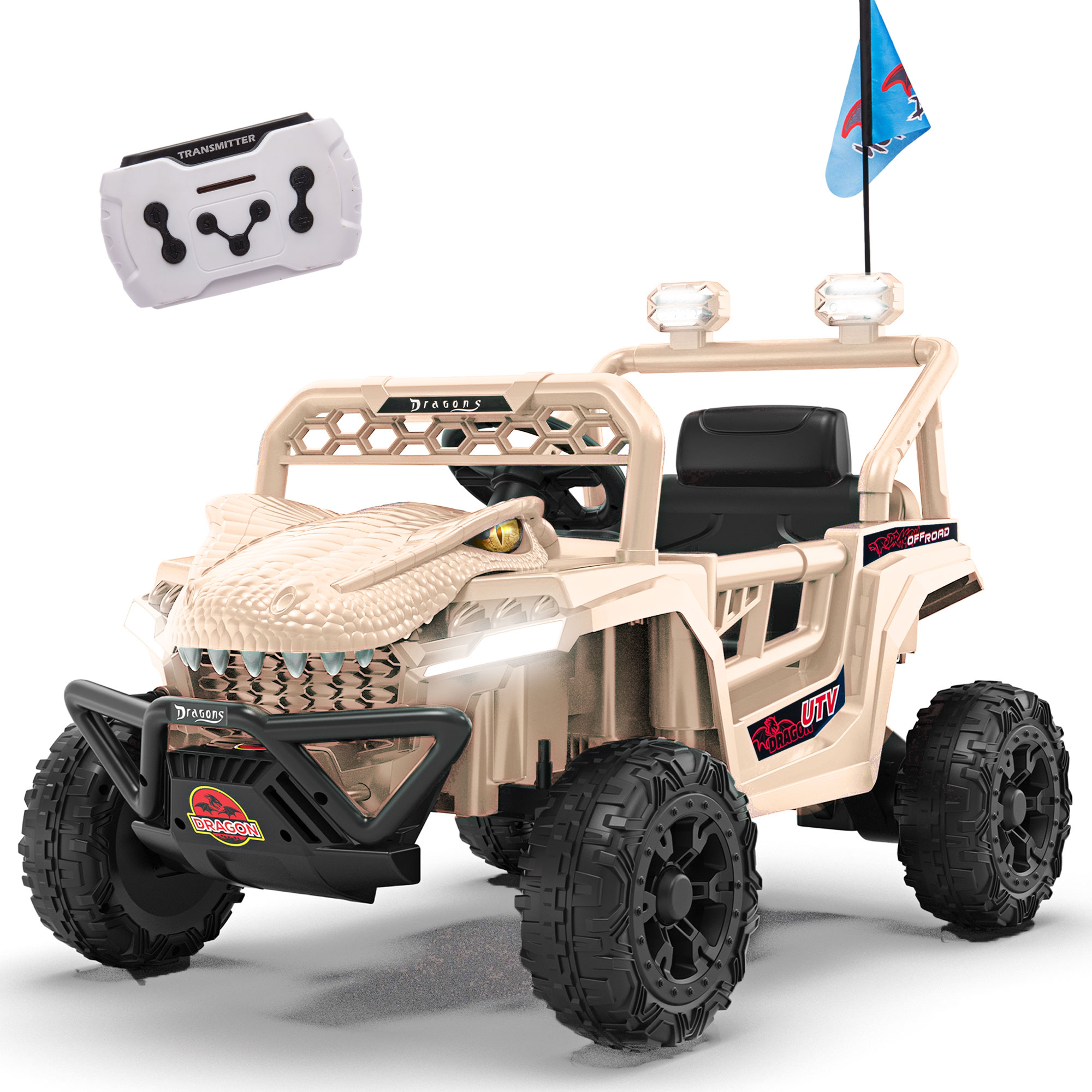 thumbnail video image 2 of 12V Ride On Cars for Kids, Kids Ride on Toys with Remote Control, Dinosaur Kids UTV Cars, 4 Wheel Suspension Electric Vehicle with Bluetooth, Music, LED, Ideal Gift for Boys Girls 2-4, Khaki, 2 of 9
