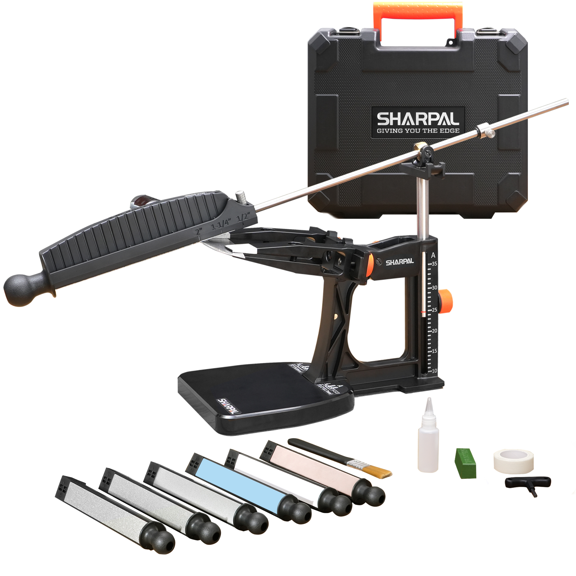 thumbnail video image 2 of SHARPAL 202H Knife Sharpener Kit – Adjustable 10°-35° Angle, 7 Abrasive Plates (Diamond 220-1000, Whetstone 3000-6000) & Case, 2 of 7