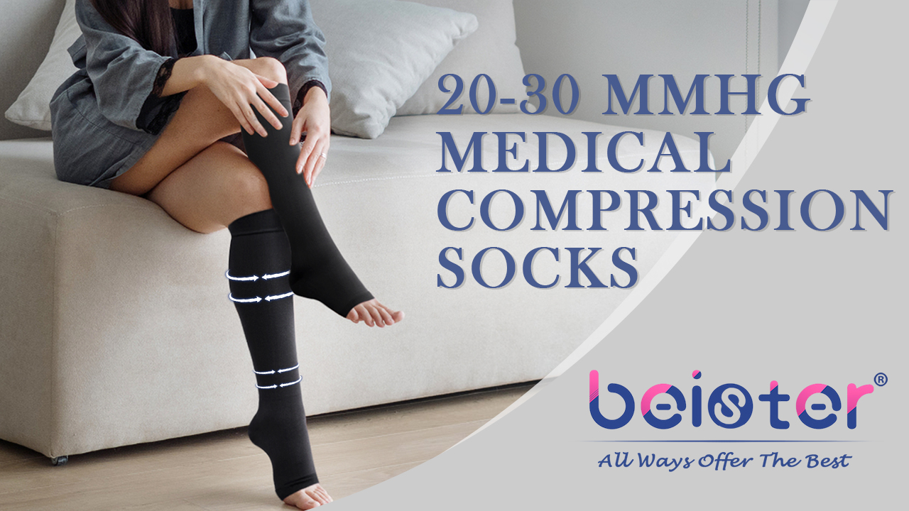thumbnail video image 2 of beister Open Toe Compression Socks 20-30mmHg - Medical Anti-Embolism for Post-Surgery & Diabetic Care, Knee-High for Women & Men, Black (2 Count), 2 of 7