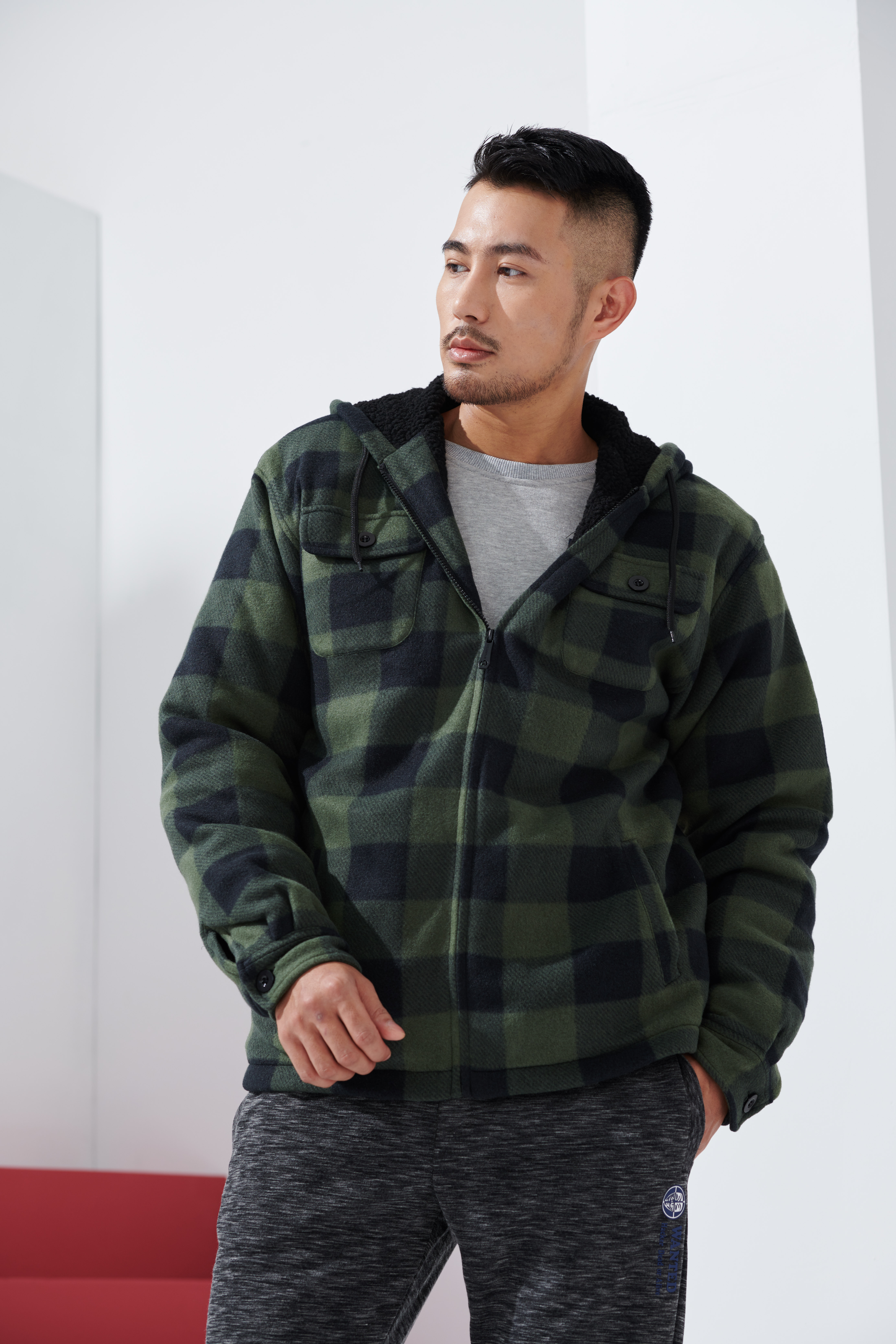 thumbnail video image 2 of Outwear Plaid Flannel Sherpa Lined Full Zip Hoodie Jacket Men's, 2 of 10