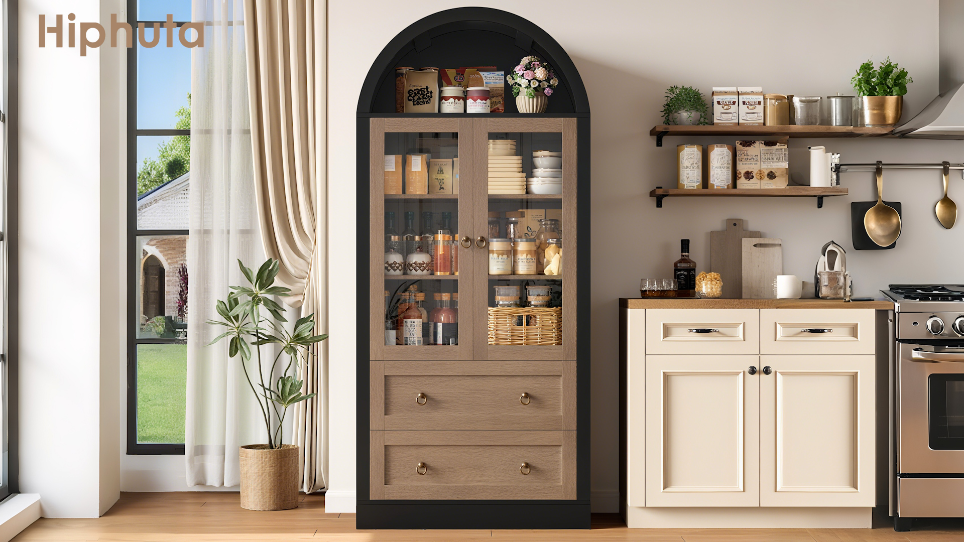 thumbnail video image 2 of Hiphuta 70" Tall Arched Kitchen Pantry Storage Cabinet with Glass Doors, Freestanding Modern Farmhouse Hutch Cupboard with 2 Large Drawers, for Kitchen Dining Room, White, 2 of 10