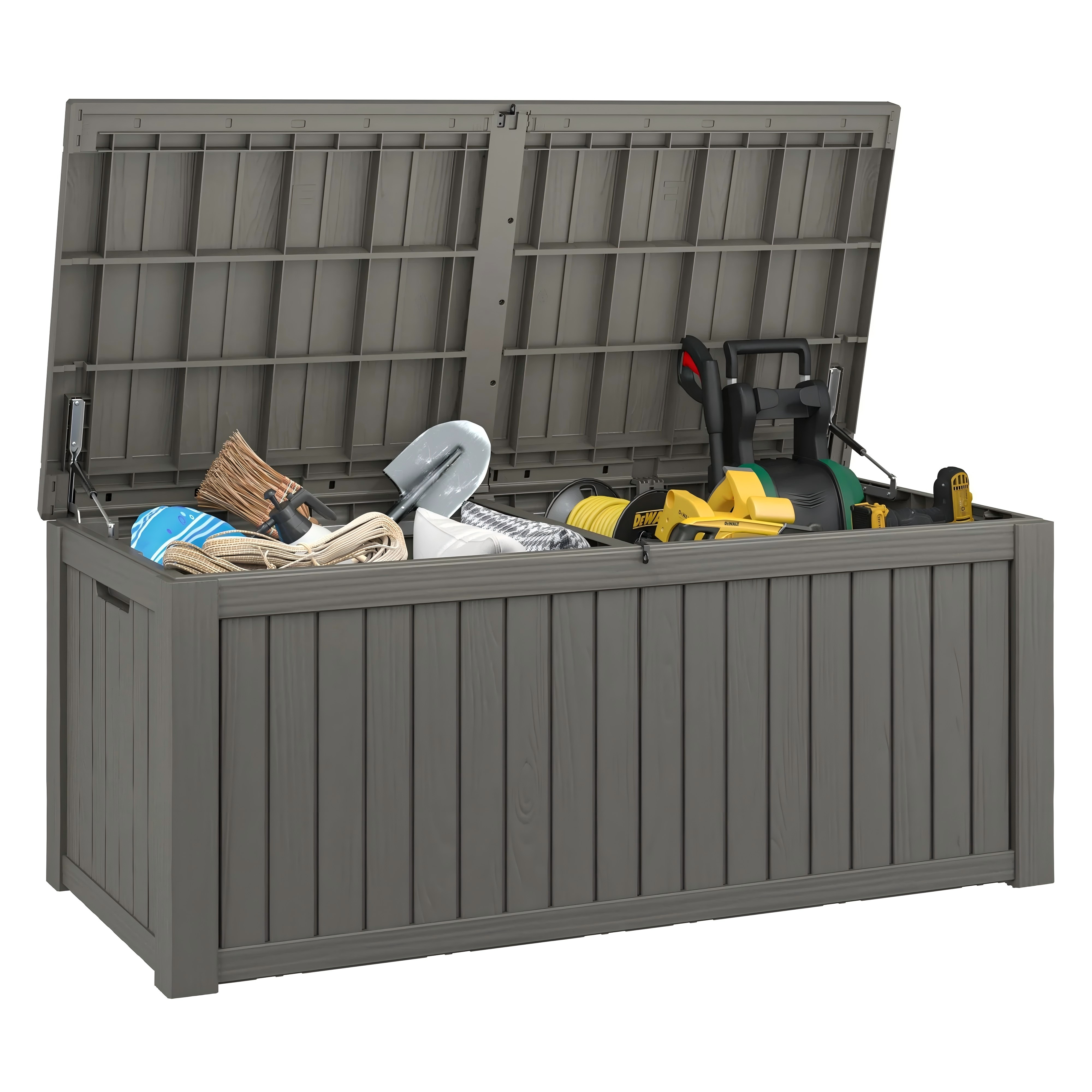 thumbnail video image 2 of Bifanuo 150 Gallon Deck Box, Outdoor Storage Box, Large Waterproof Resin Indoor Storage Box with Built-in Steel Beams for Patio, Cushions, Pool Supplies, 2 of 9