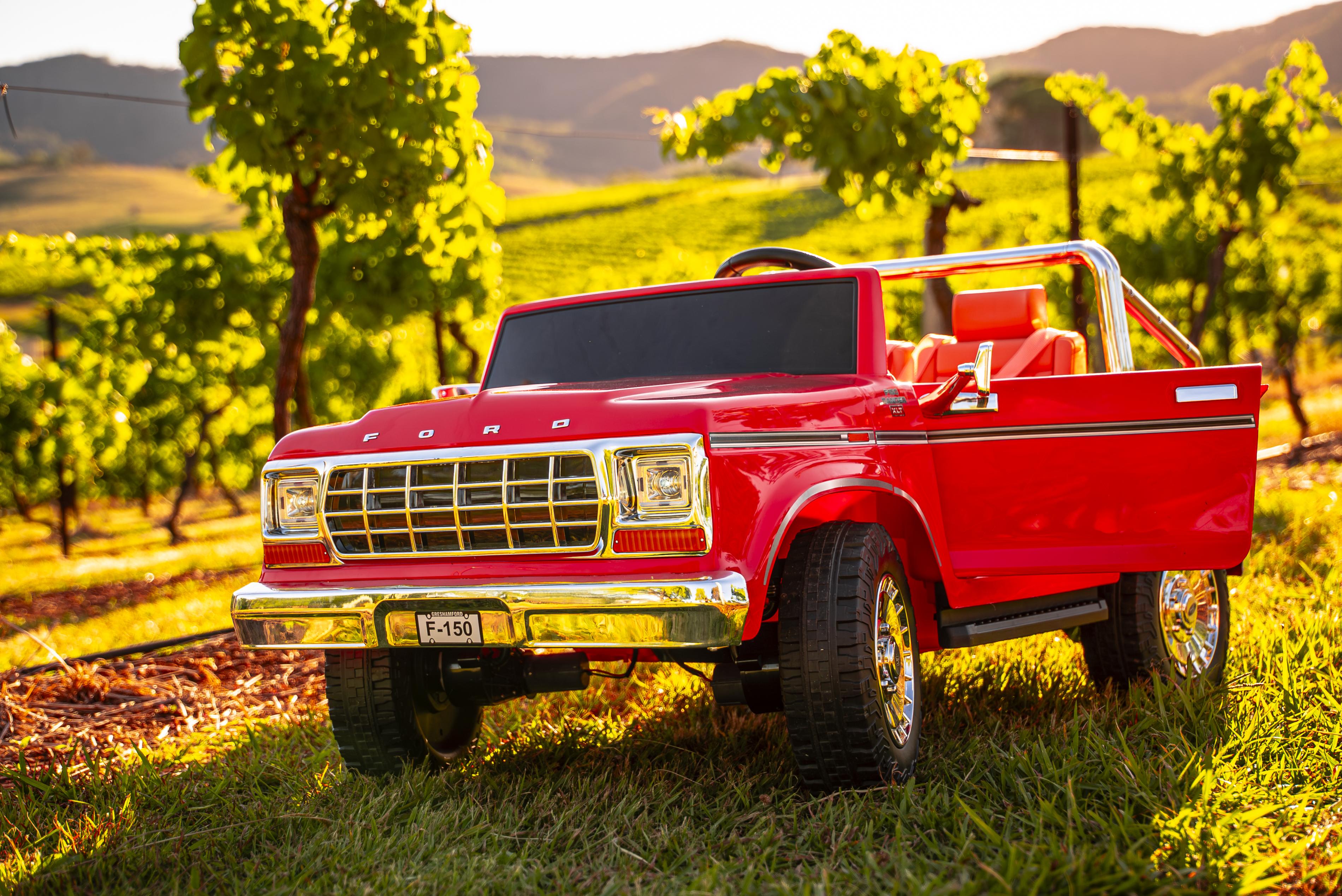 thumbnail video image 2 of TOKTOO 24V Licensed 1973 Ford F-150 2 Seater Ride On Truck for Kids, Electric Ride On Car with Parent Remote Control, 400W Powerful Wheel, LED Lights, Music Player, Ages 3–8, Red, 2 of 9
