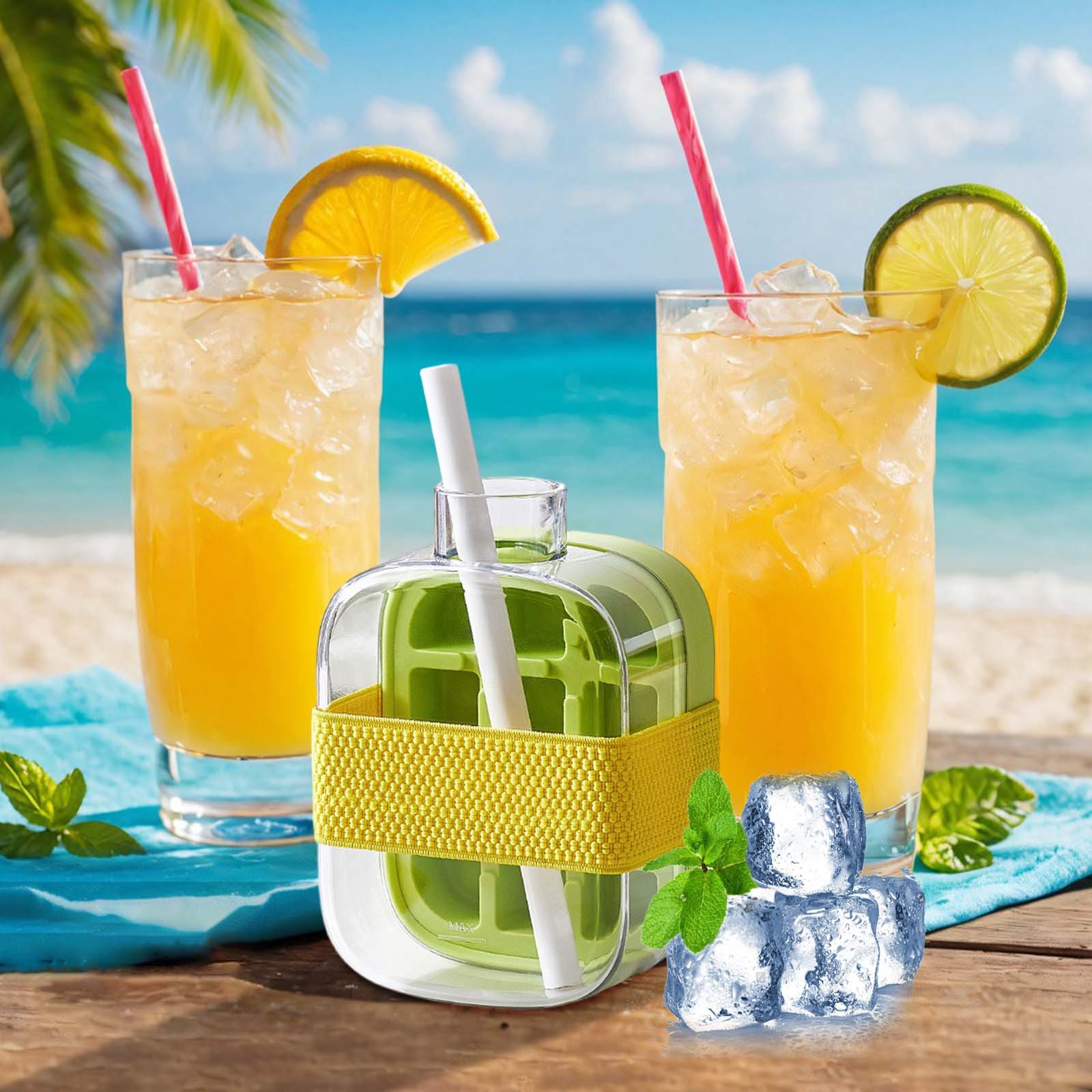 thumbnail video image 2 of Ice Cube Bottle 2 In 1 Ice Cube Tray with Lid Ice Mold Water Bottle Bin Cool Portable Press Ice Film Ice Cup Storage for Whiskey Cocktail Tea Coffee Beverages 12 Grids, 2 of 7