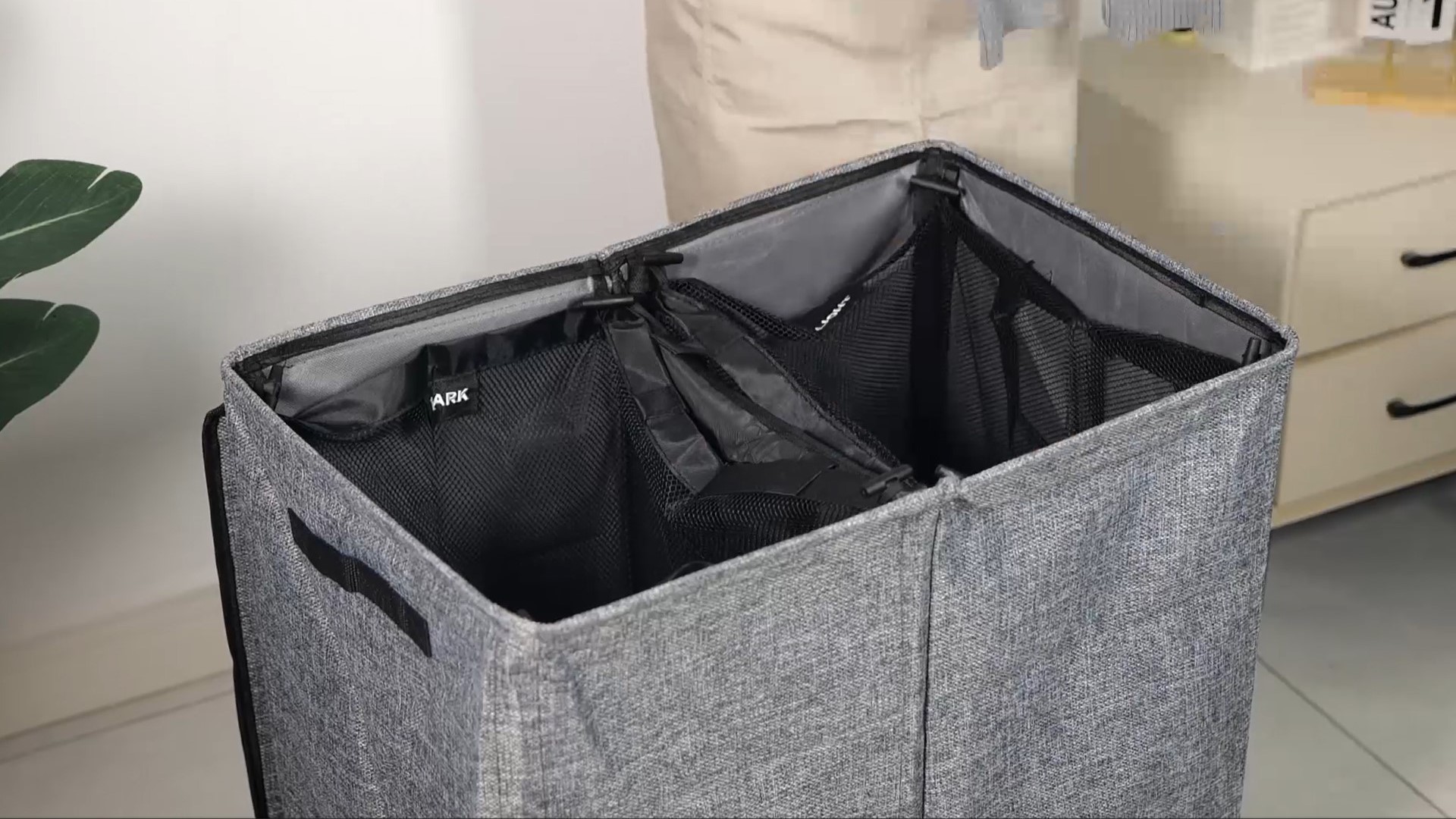 thumbnail video image 2 of Okaka 142L Double Laundry Hamper 2 Compartments with Lid Collapsible for Bedroom, Laundry Room, Closet, Bathroom(Grey), 2 of 8
