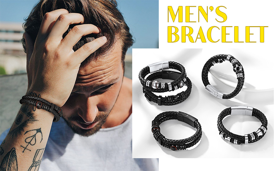 thumbnail video image 2 of Bestyle Black Leather Bracelets for Men, Fashion Stainless Steel Celtic Beaded Wristband Gifts for Birthday Valentine's Day, 8.3 Inch, 2 of 9