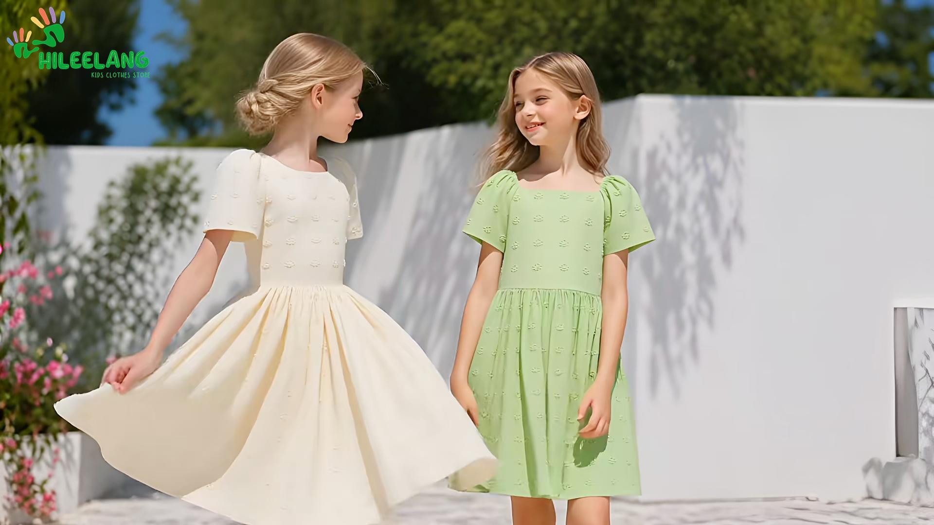 thumbnail video image 2 of HILEELANG Little Girl Dress Short Sleeve Summer Light Green Casual Tie Back Princess Elegant Party Dress 5-6T, 2 of 8