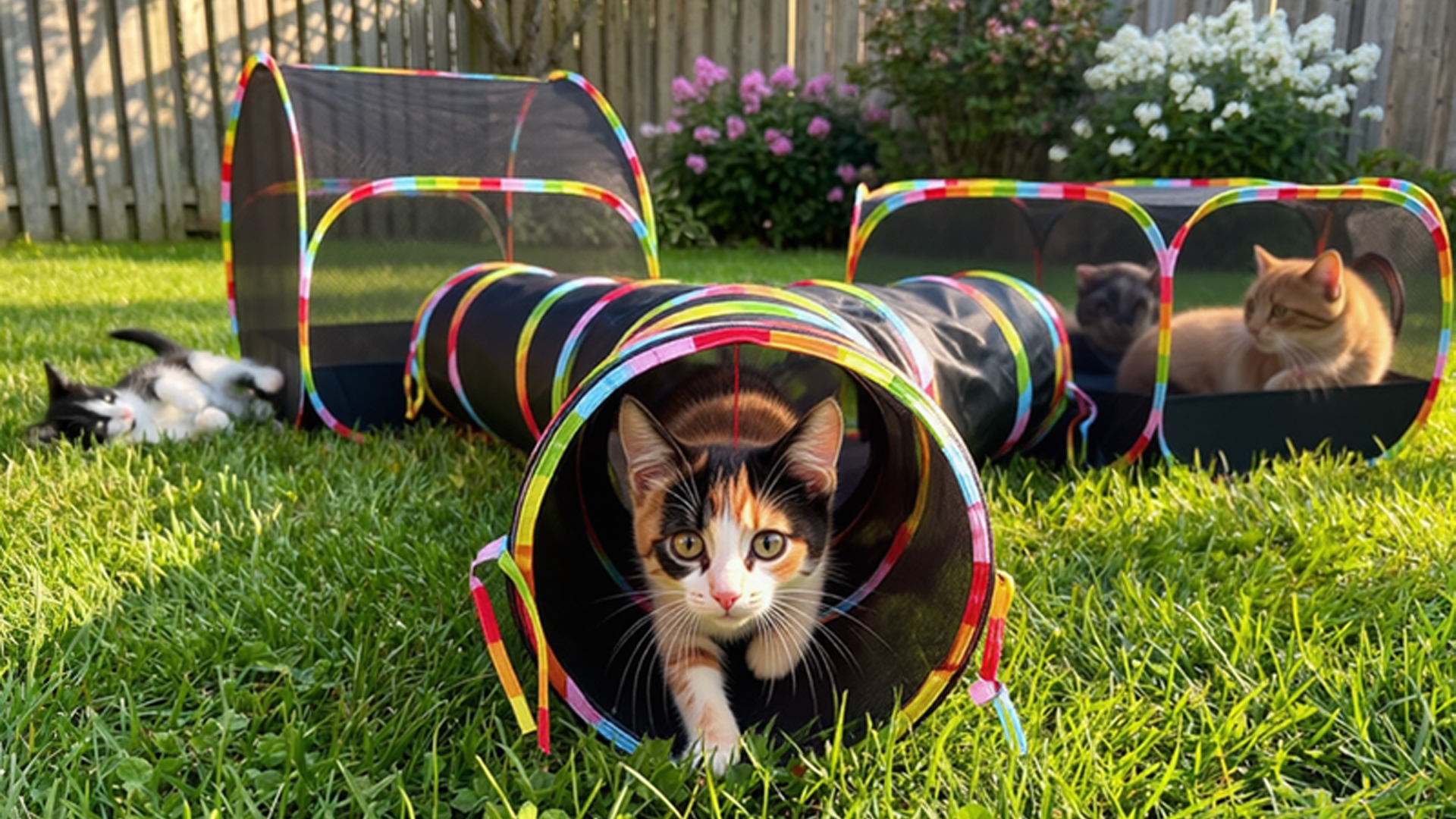 thumbnail video image 2 of Outdoor Cat Enclosure with Cat Tunnel, Tent, Playhouse and Cat Toy Ball with Bell - Portable Indoor/Outdoor Playpen for Small Cats & Animals, 2 of 8