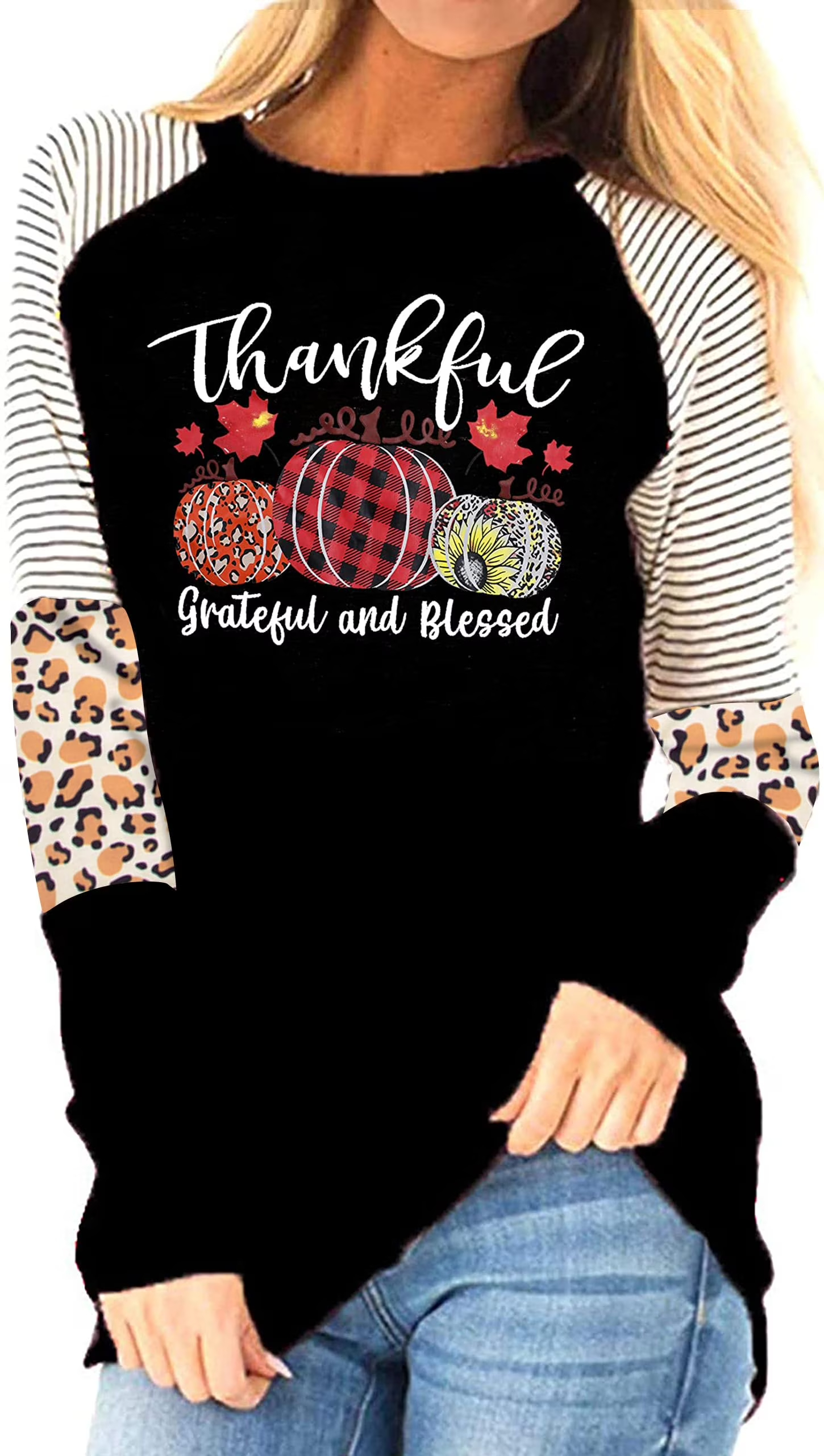 thumbnail video image 2 of KimSoong Thanksgiving Shirts Thankful Grateful Blessed Shirt Women Pumpkin Long Sleeve Raglan Tops Plaid Graphic Fall Tee, 2 of 9
