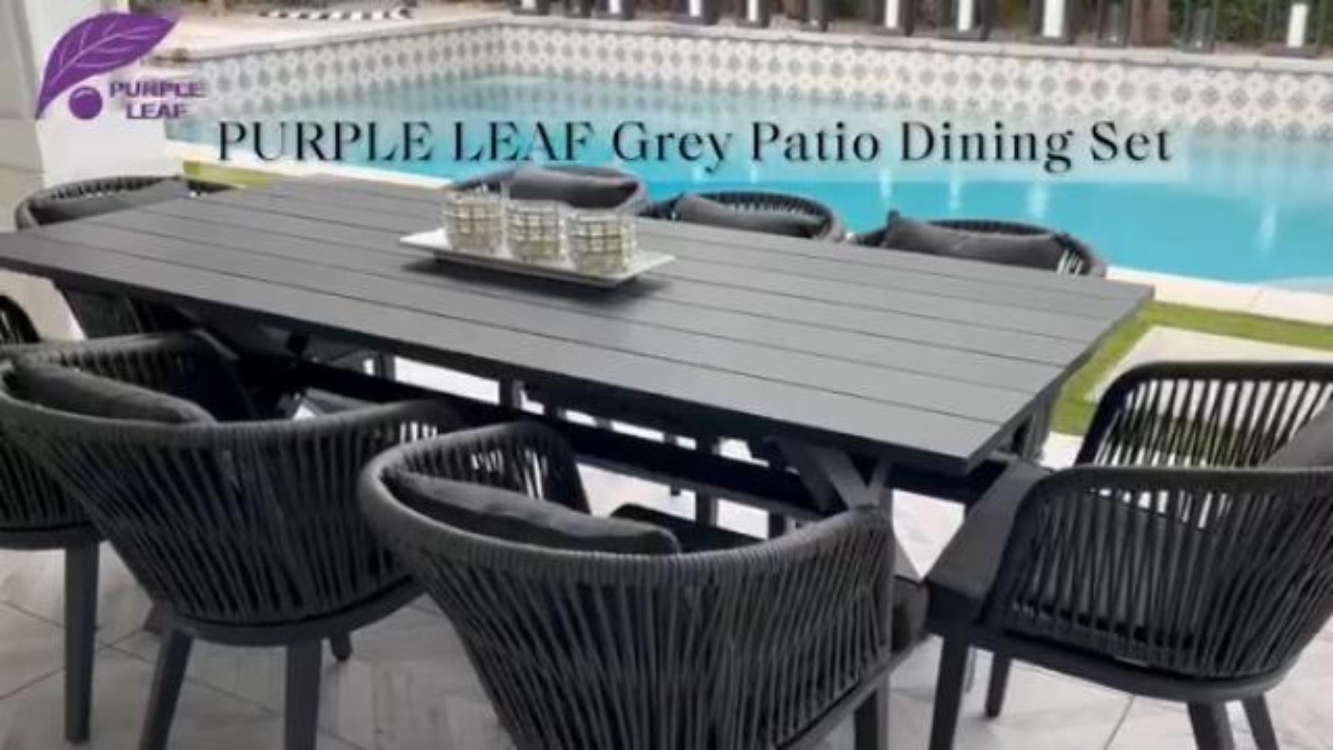 thumbnail video image 2 of PURPLE LEAF 9 Pieces Patio Dining Set, Rectangular Aluminum Outdoor Table and 8 Wicker Chairs with Cushions for Garden Kitchen and Porch, Grey, 2 of 11