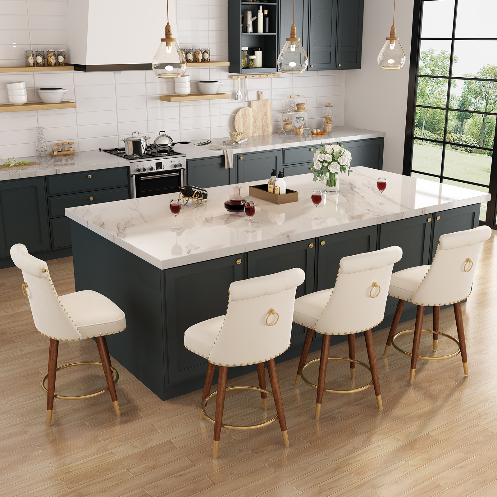 thumbnail video image 2 of iooHug Set of 2 Swivel Counter Height Bar Stools, 24" Velvet Counter Height Chairs with Wood Legs and Footrest, Upholstered Kitchen Stools, 300LBS Capacity, Beige, 2 of 6