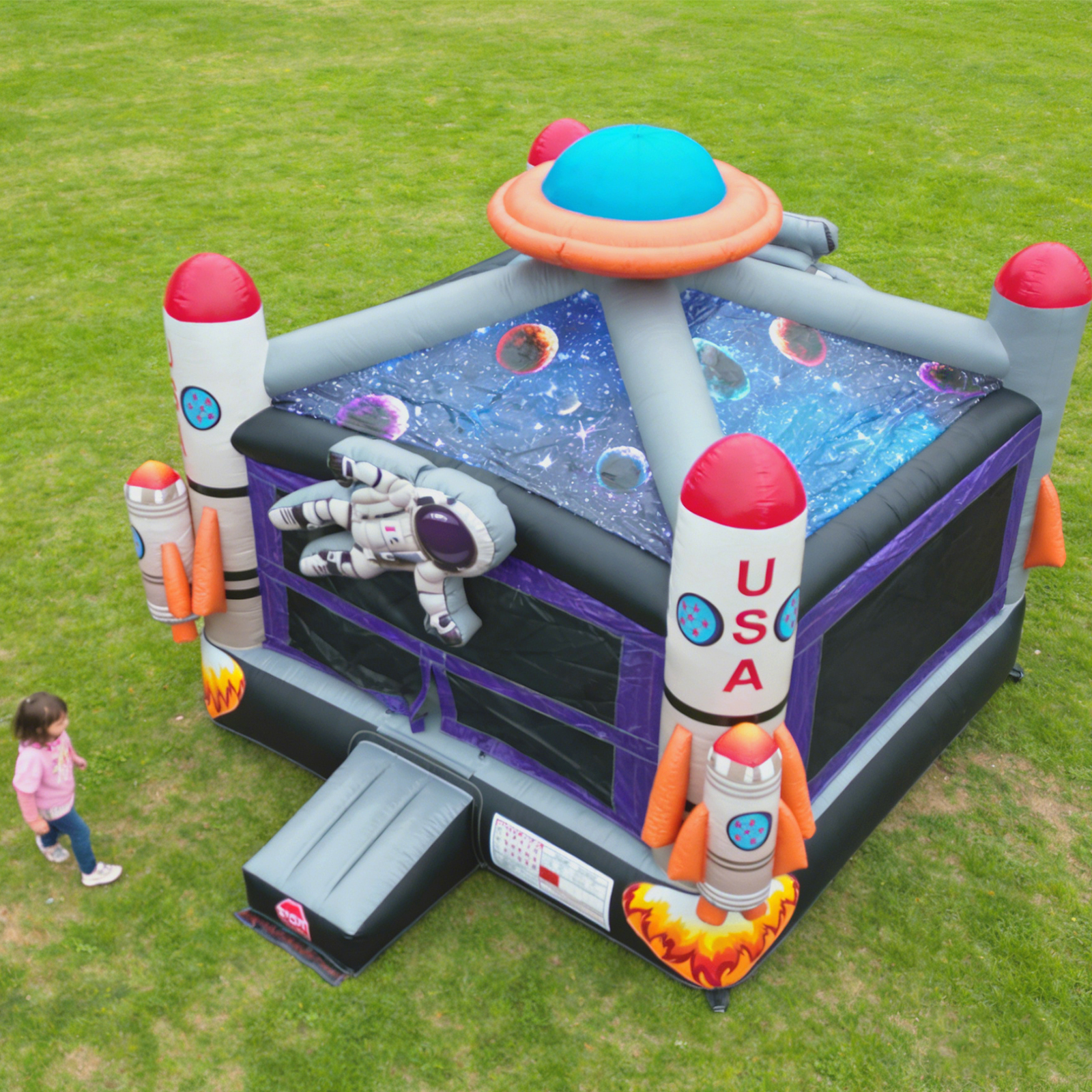 thumbnail video image 2 of HapCap  PVC Semi Commercial Inflatable Bounce House,Large Jumping Area with Starry Roof Design, Space Themed Outdoor Party(With Blower), 2 of 11