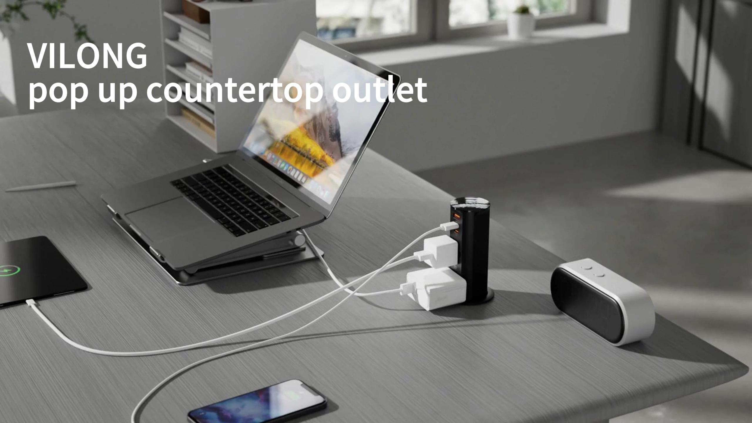 thumbnail video image 2 of VILONG 2 inch Pop up Outlet Power with 2 Outlets & 20W USB Ports, Splashproof, Tamper Resistant, for Kitchen & Countertop, Black(ETL Listed), 2 of 11