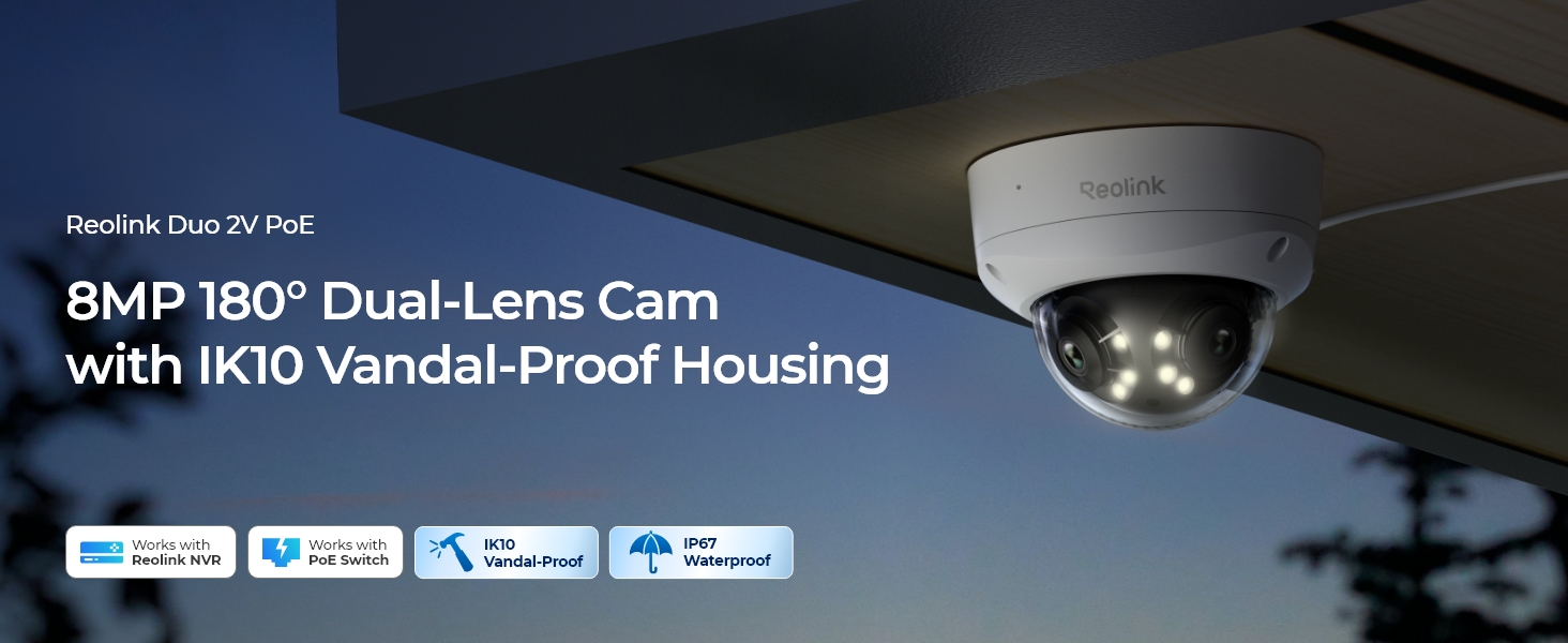 thumbnail video image 2 of Reolink Duo 2V PoE 4K 8MP Dual-Lens 180° Outdoor Spotlight Camera, Color Night Vision, IK10, IP67, Smart Detection, 2 of 16