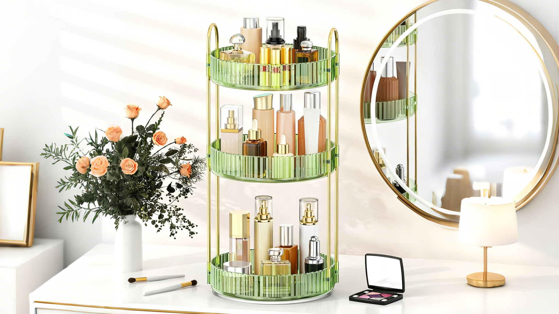 thumbnail video image 2 of YHIPL 360° Rotating Makeup Organizer, 3-Tier Adjustable Clear Perfume Stand for Vanity (Green, 3 Tier), 2 of 9