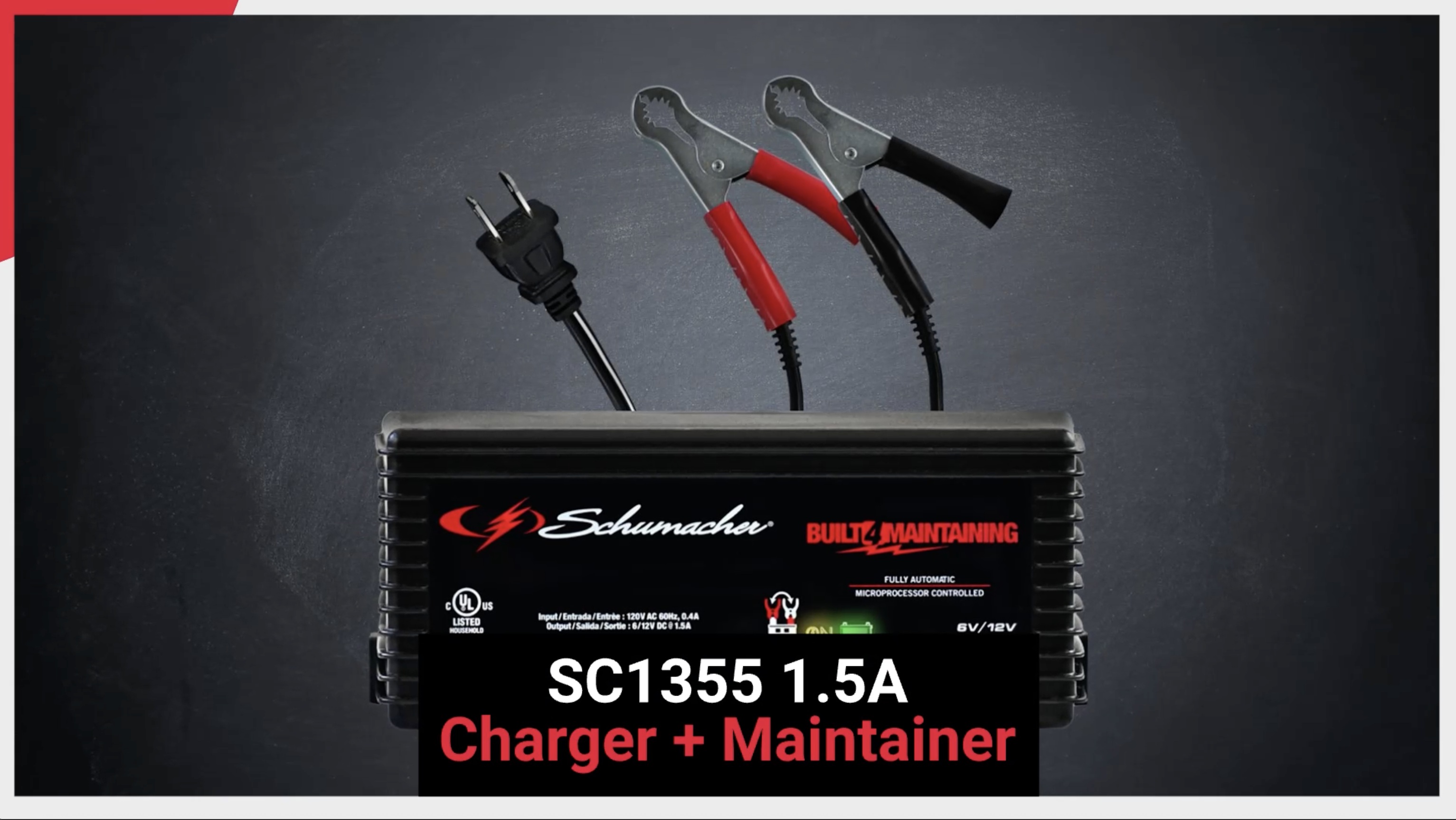 thumbnail video image 2 of Schumacher Electric 1.5A Car Battery Charger and Maintainer, 6V/12V Sport, Auto, and Marine Batteries, SC1355, 2 of 10