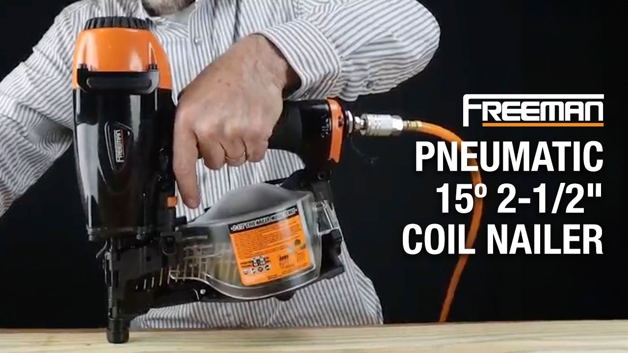 thumbnail video image 2 of Freeman PCN65 Pneumatic 15 Degree 2-1/2" Coil Siding Nailer with Adjustable Metal Belt Hook, 2 of 7